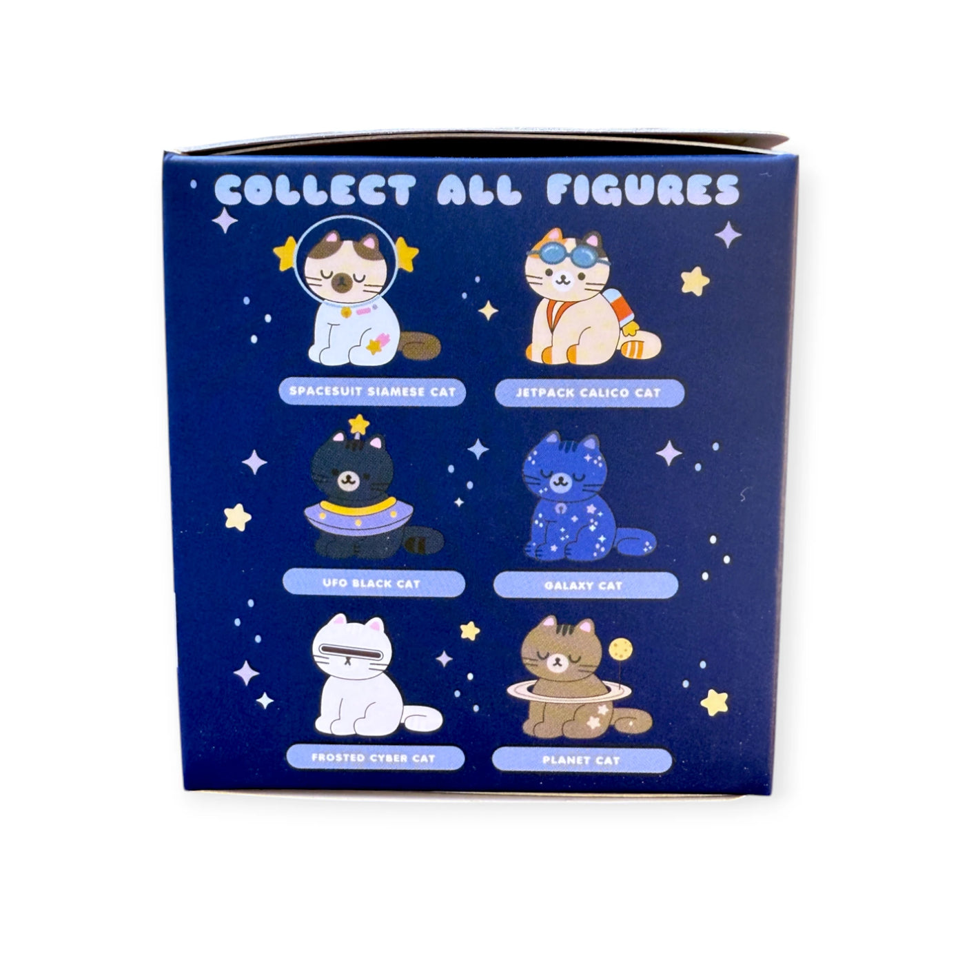The Smoko Astrocats Blind Box by Smoko contains six space-themed cartoon cat figures, including Galaxy Cat (Glow-in-the-Dark), Spacesuit Siamese, Jetpack Calico, UFO Black Cat, Frosted Cyber Cat, and Planet Cat.