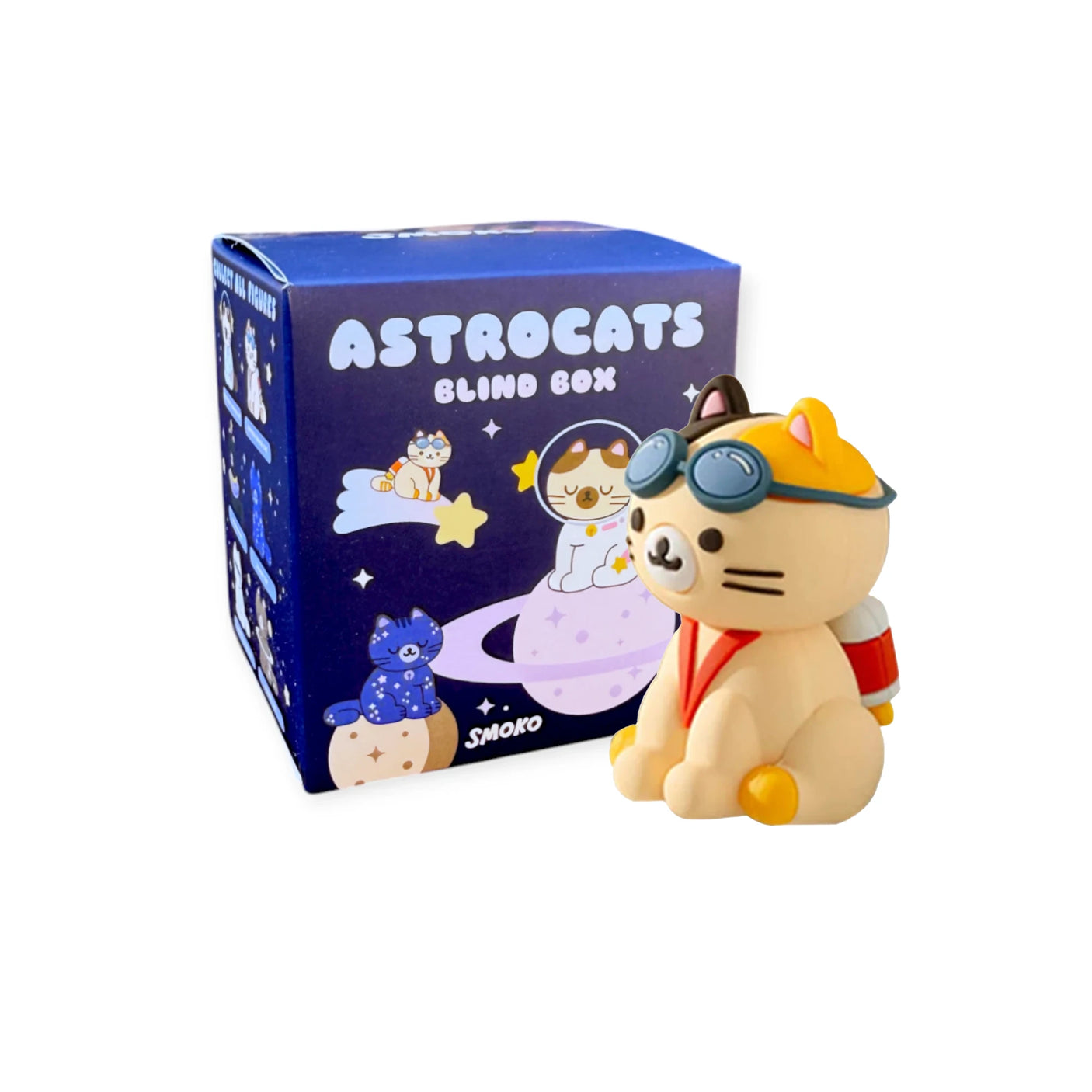 The Smoko Astrocats Blind Box by Smoko features a vinyl cat figure with a helmet and goggles, displayed beside its blue box with space cat art. Watch for special editions like the Glow-in-the-Dark Clear Astrocat!.