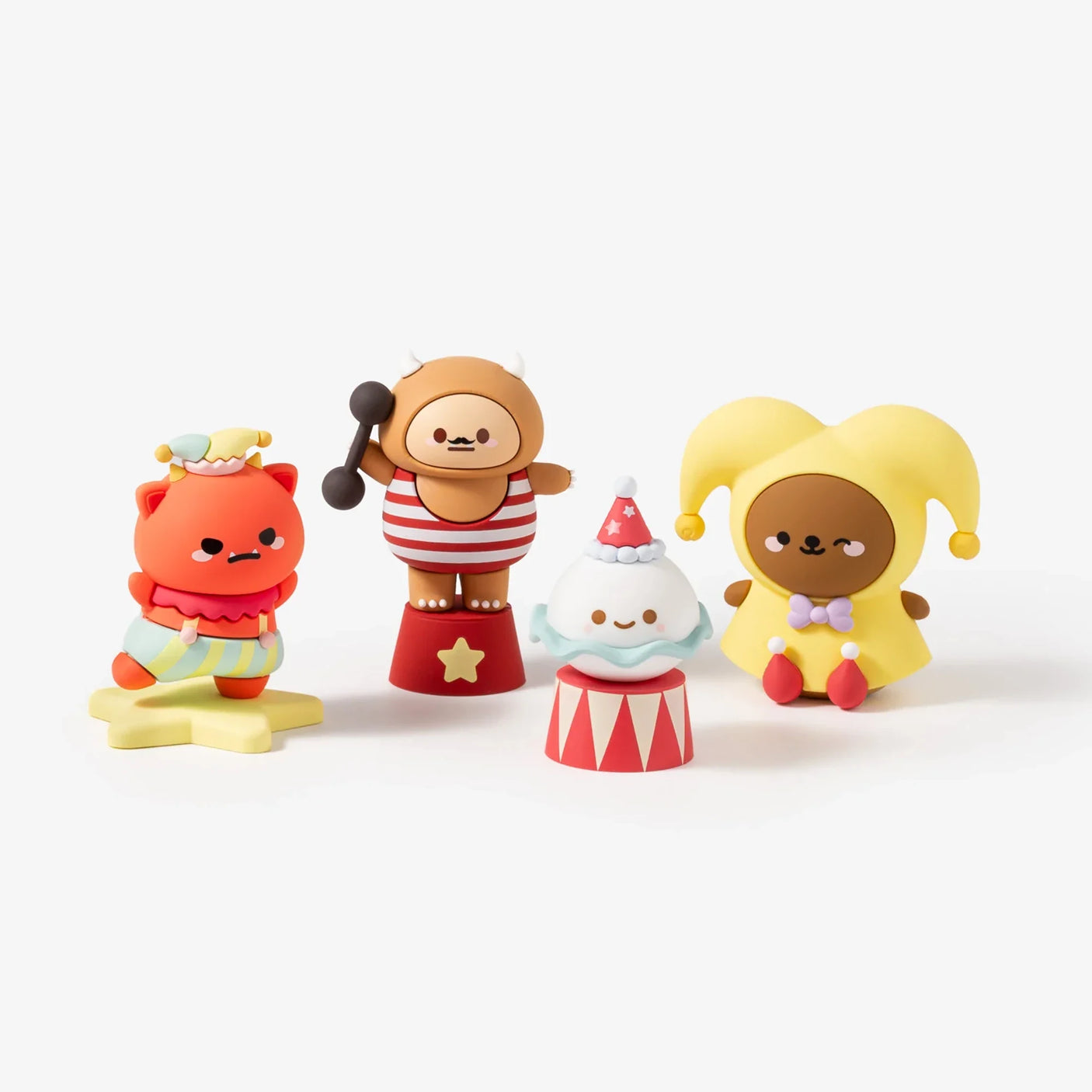 Four colorful playful character toys dressed as a red fox, strongman, clown, and jester on white background