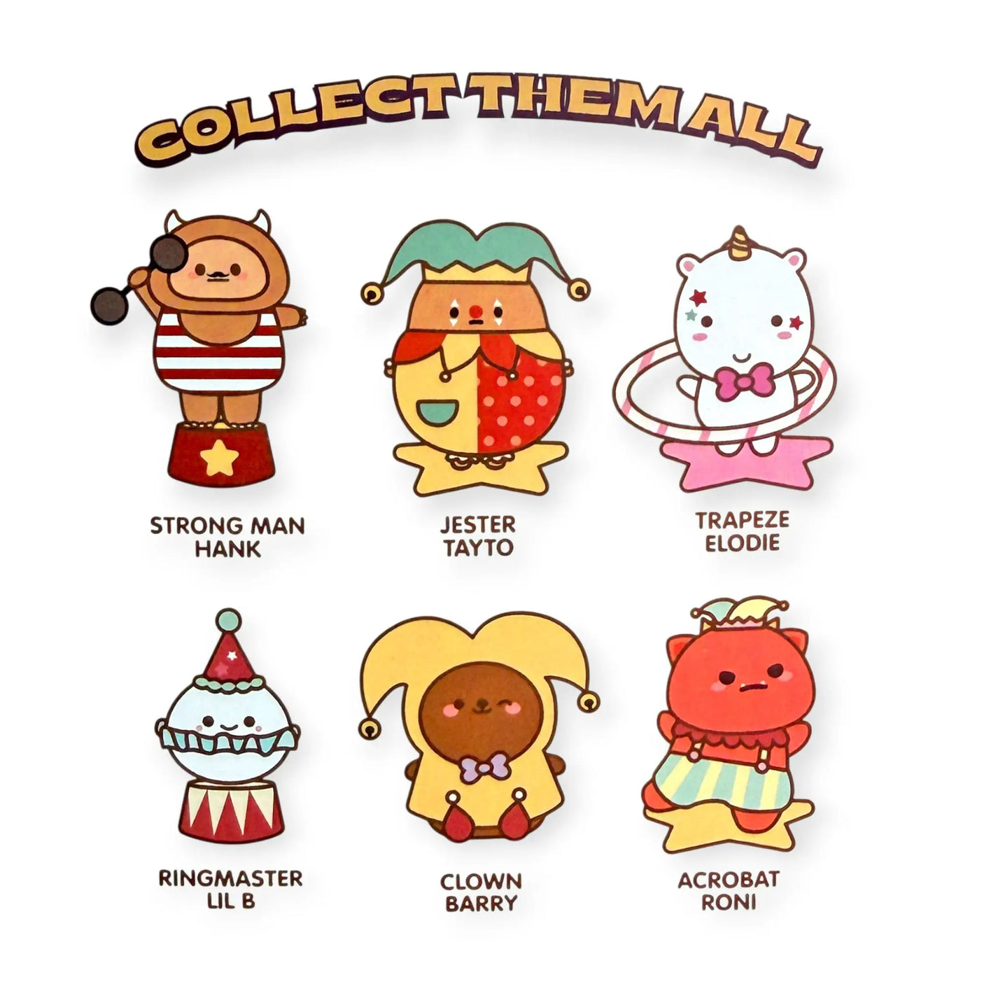 Circus blind box character lineup poster with eight illustrated animal figures