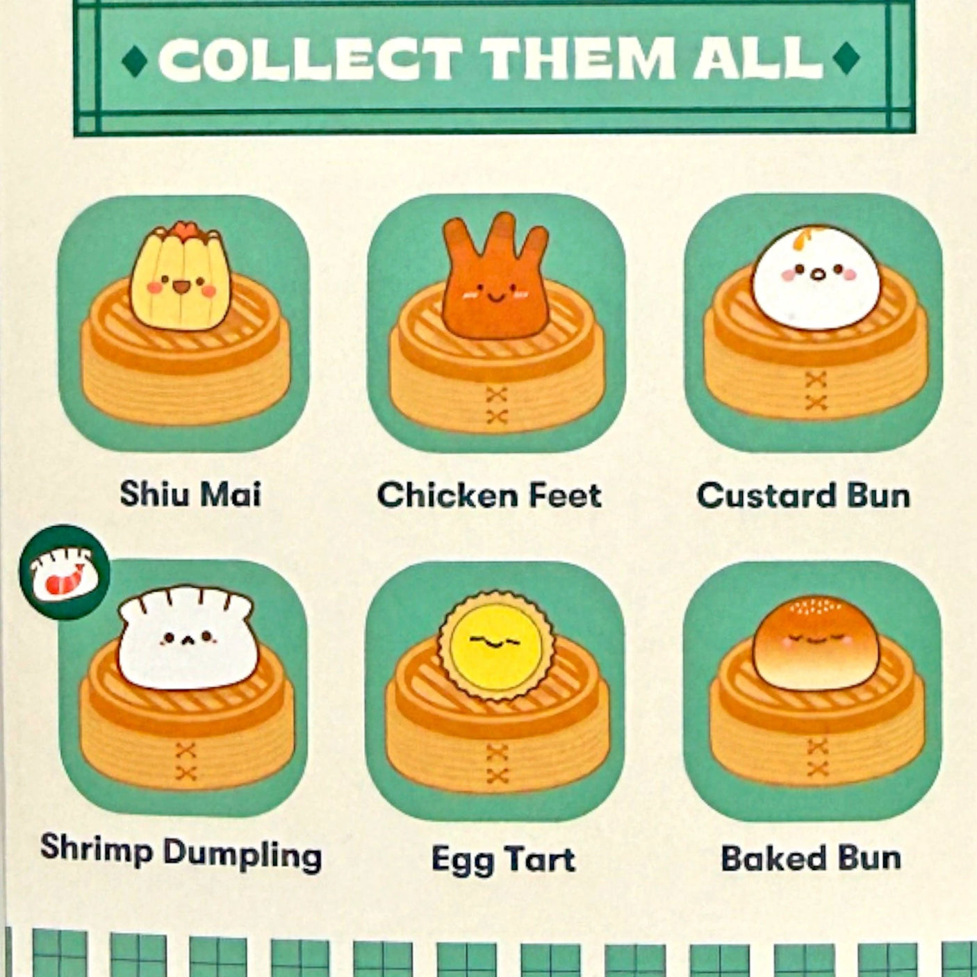 Dim sum blind box checklist card reading “Collect Them All” with labeled icons