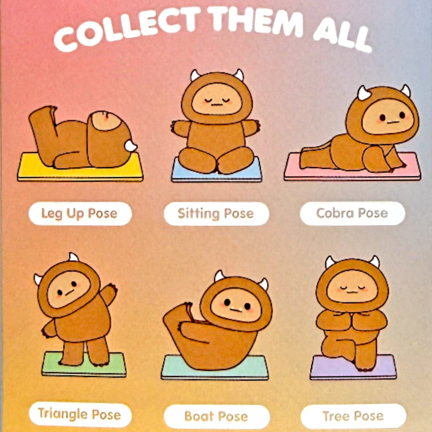 Yoga blind box packaging showing six pose illustrations: Leg Up, Sitting, Cobra, more.
