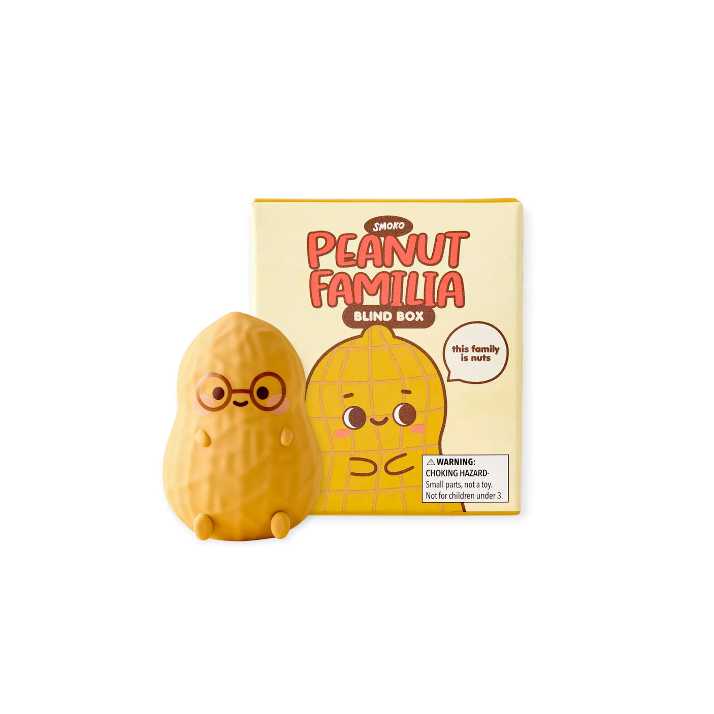 Smoko Peanut Familia Blind Box figure of peanut character with glasses next to packaging featuring smiling peanut illustration.