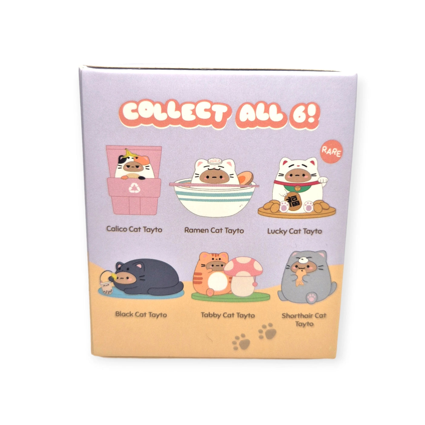 A toy box image displays the Smoko Tayto Cat Blind Box, featuring six cartoon designs: Calico, Ramen, Lucky (RARE), Black, Tabby, and Shorthair Cat Tayto. The phrase "Collect All 6!" is prominently displayed in this cat-themed collection by Smoko.