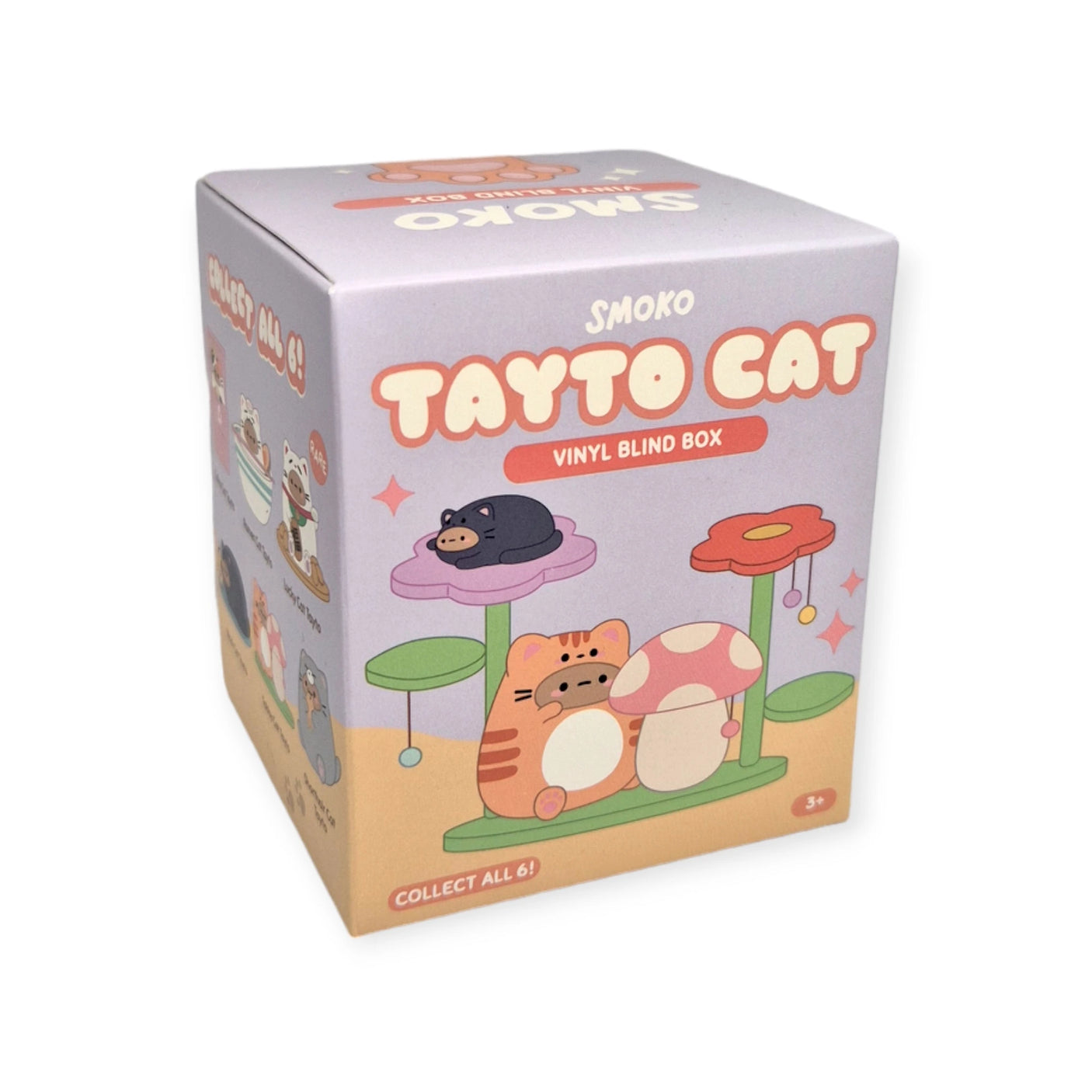 Explore the vibrant Smoko Tayto Cat Blind Box featuring whimsical cats and mushrooms. With "Collect all 6!" on the package, it invites fans to discover the enchanting Tayto Cat collection.