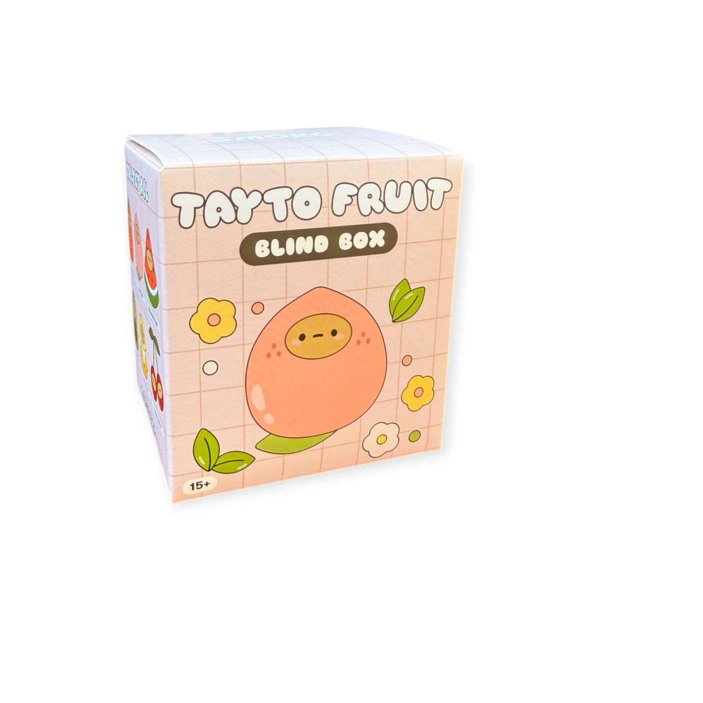 The Smoko Tayto Fruit Blind Box features a pastel design with a cute peach cartoon, yellow flowers, and hints of collectible Smoko Tayto Vinyl Figures on a light grid background.
