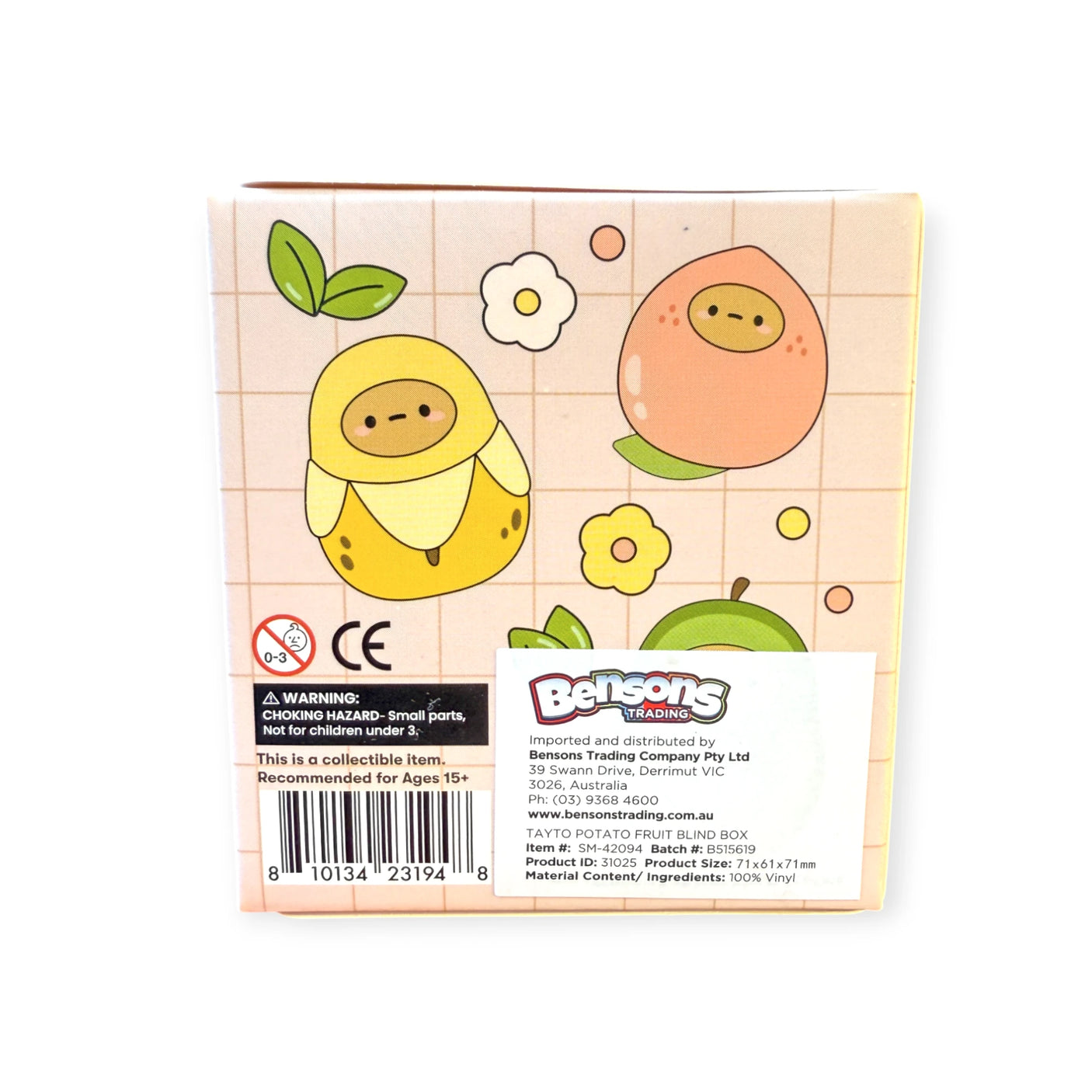 The Smoko Tayto Fruit Blind Box features cartoon fruit characters, a product label, barcode, and a warning that Smoko Tayto Vinyl Figures are recommended for ages 15 and up.