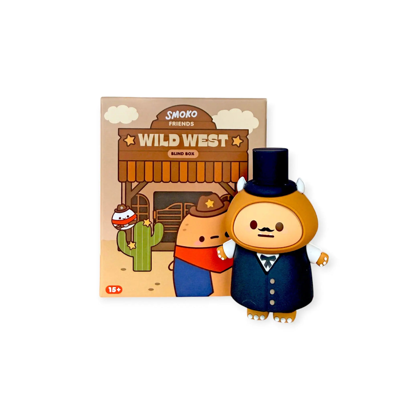 Wild West blind box package with a bear figure in a blue jacket and brown cowboy hat