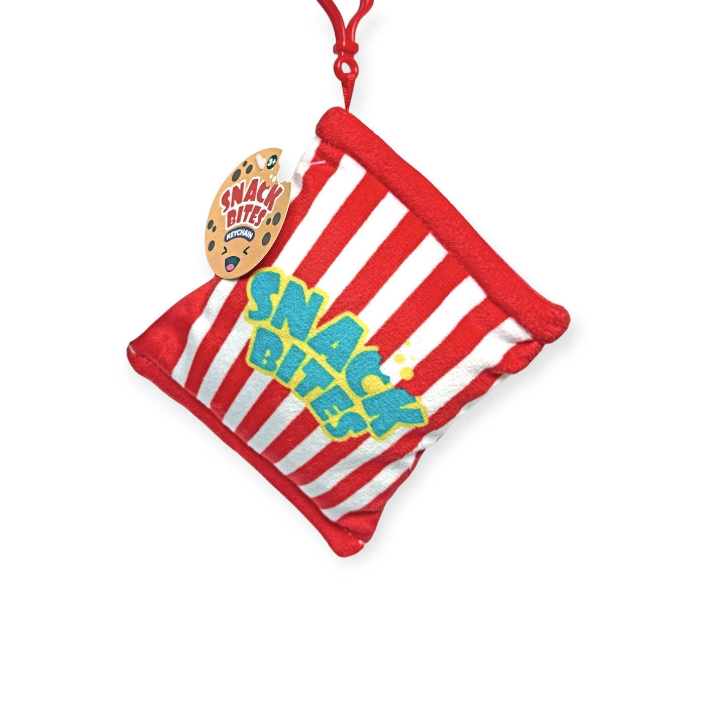 The Bensons Snack Bites Bag Charm features a red and white striped pouch with a green and yellow "Snack Bites" label. A cookie-designed tag makes it perfect for snack style enthusiasts to store plush snacks or charms.