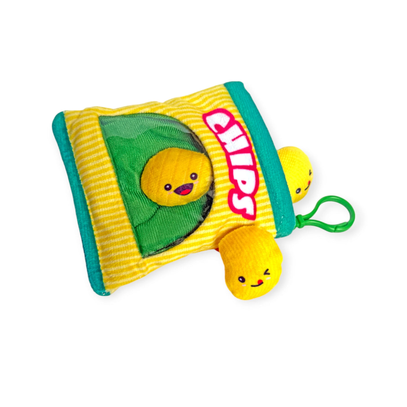 The Snack Bites Bag Charm by Bensons is a plush toy shaped like a chips packet, featuring smiling yellow plush snacks inside, ideal for adding fun snack styles to your accessories as adorable bag charms.
