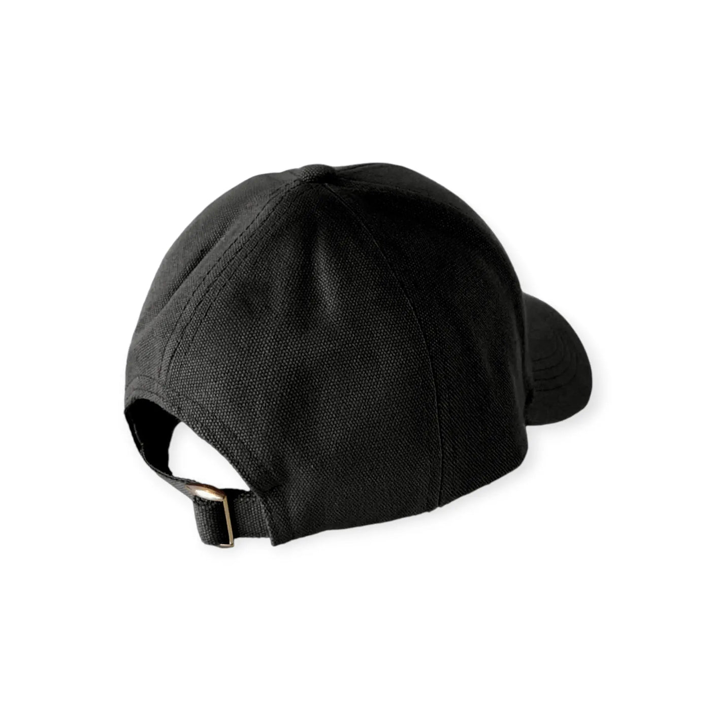 Black canvas cap with curved brim and adjustable back strap