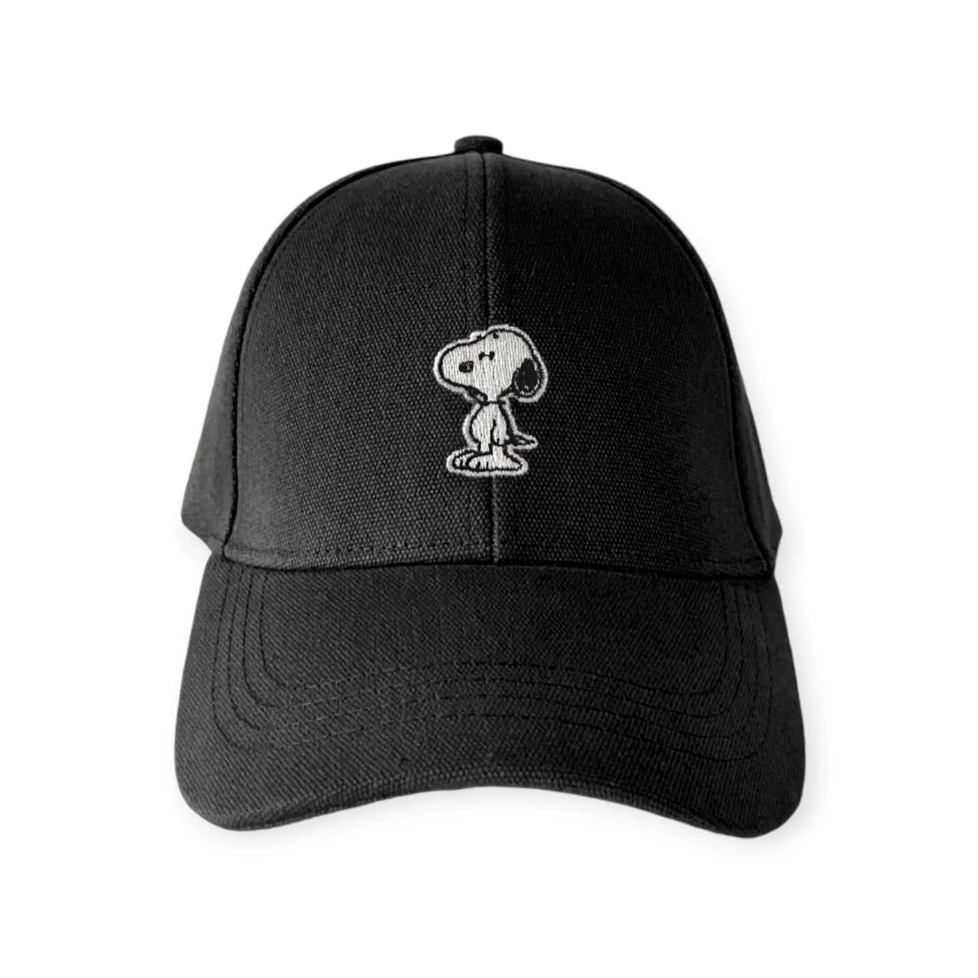 Black canvas cap with Snoopy graphic patch on the front