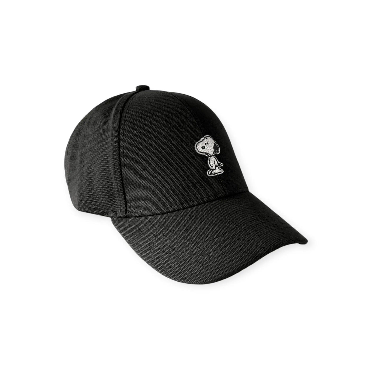 Black canvas cap with Snoopy graphic patch and curved brim