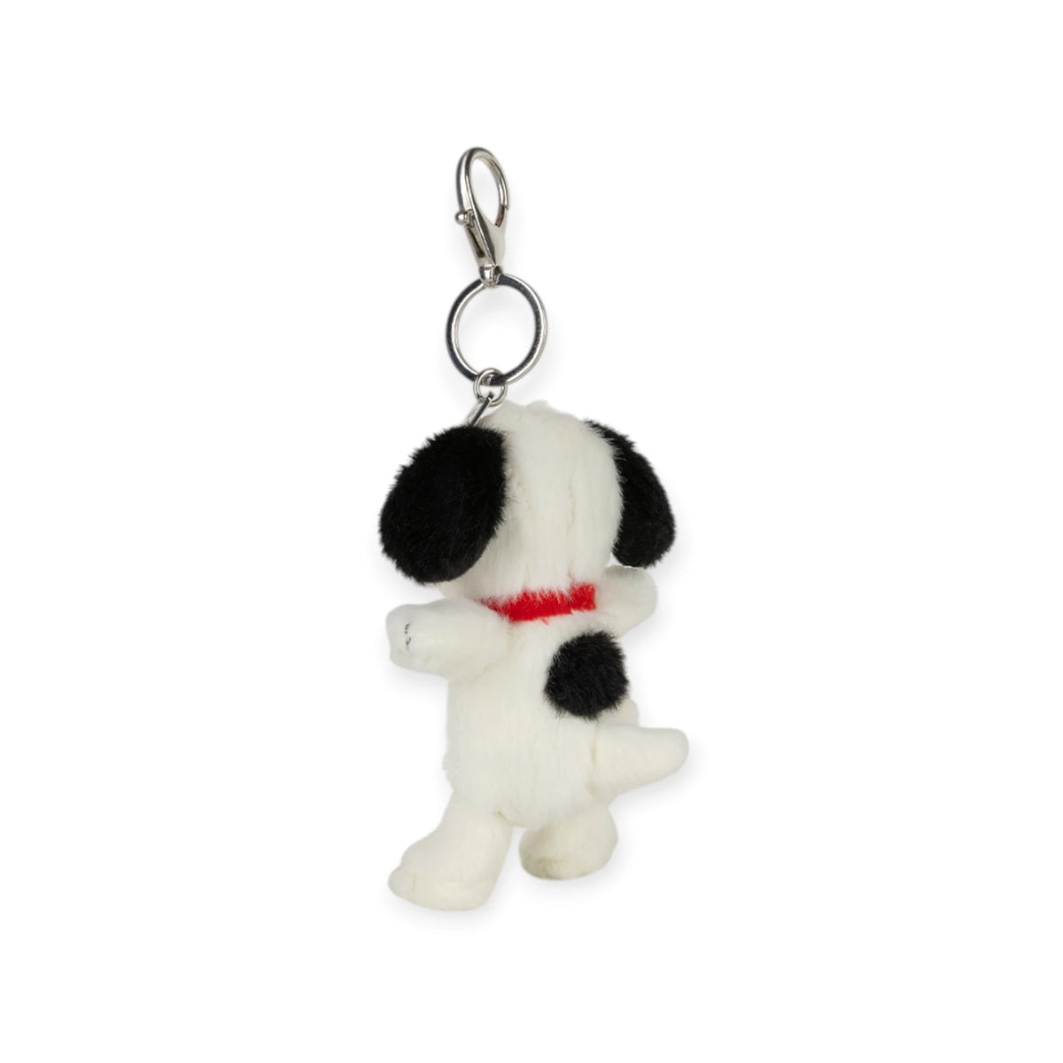 Fuzzy Snoopy keychain with metal clip and ring, back-facing plush dog