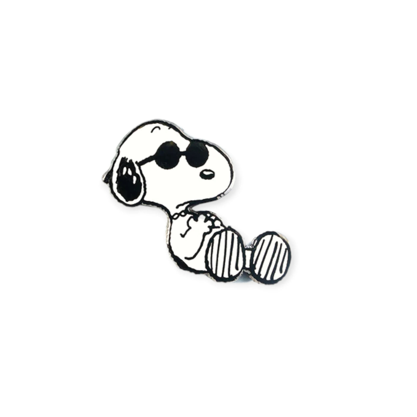 Snoopy enamel pin with black sunglasses and striped shirt