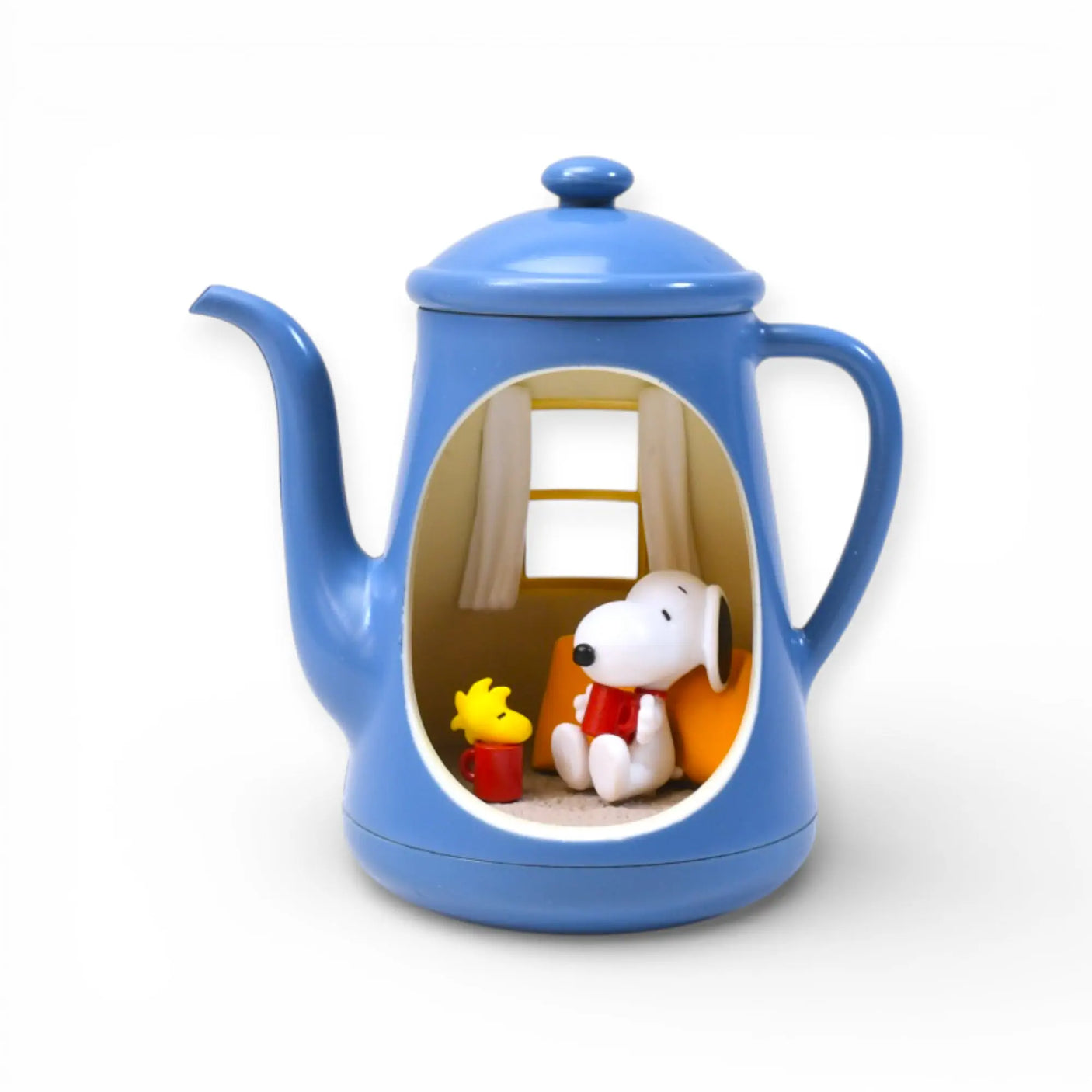 Blue teapot-style bottle blind box figure with Snoopy holding a red bottle