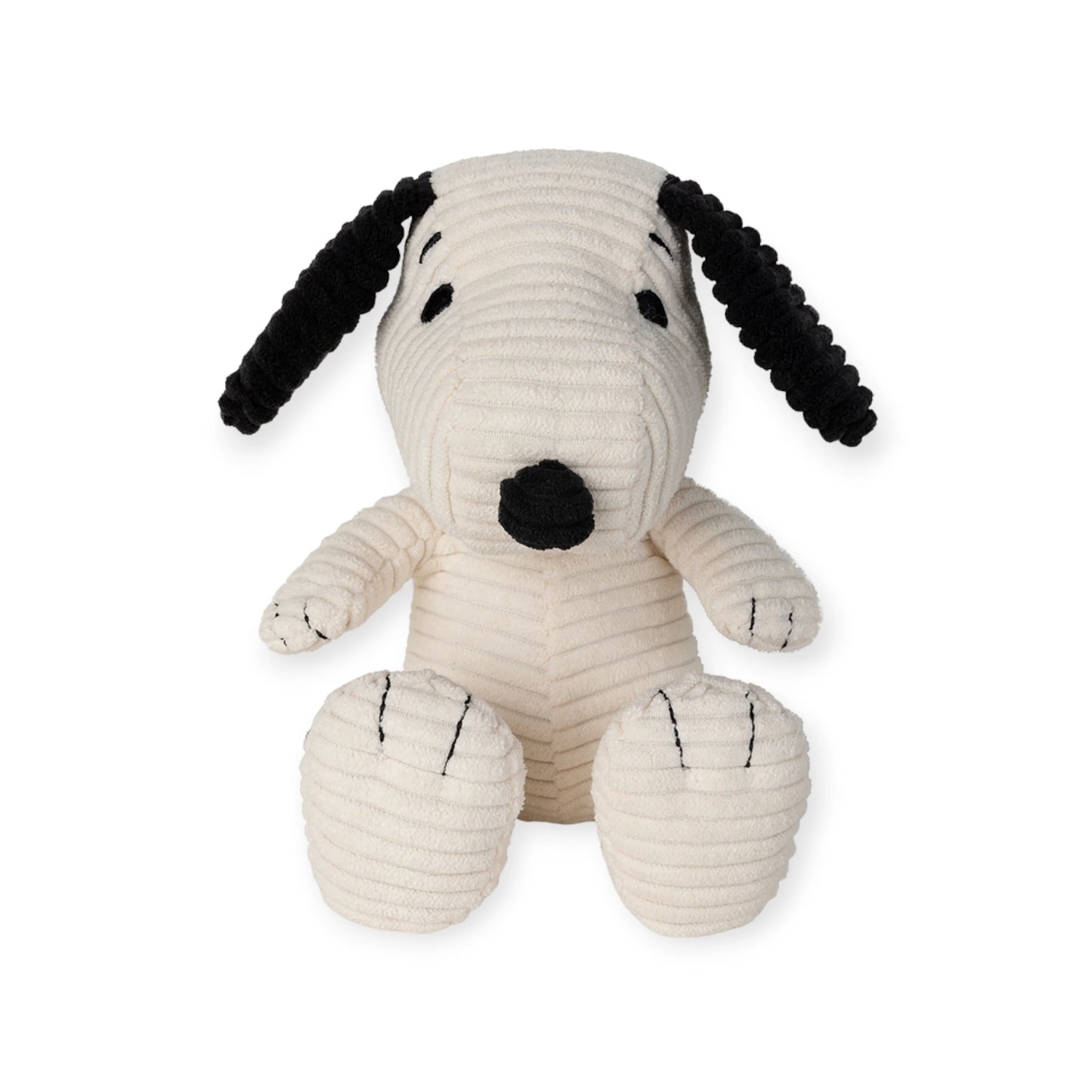Introducing the Snoopy Plush Sitting 19cm - Corduroy Cream: a delightful plush toy featuring the beloved dog with a cream-colored body and black ears, crafted from soft corduroy fabric. Perfect for any Peanuts fan, this plush sits upright against a white background.