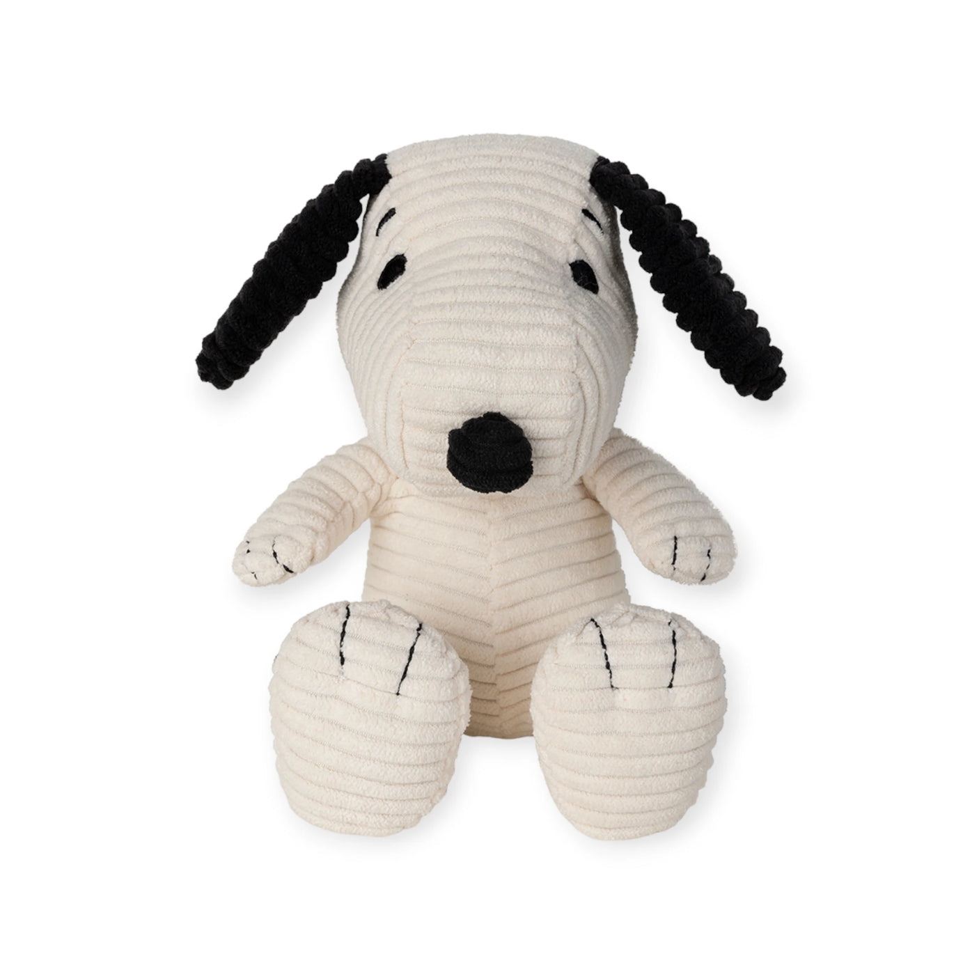 Introducing the Snoopy Plush Sitting 19cm - Corduroy Cream: a delightful plush toy featuring the beloved dog with a cream-colored body and black ears, crafted from soft corduroy fabric. Perfect for any Peanuts fan, this plush sits upright against a white background.