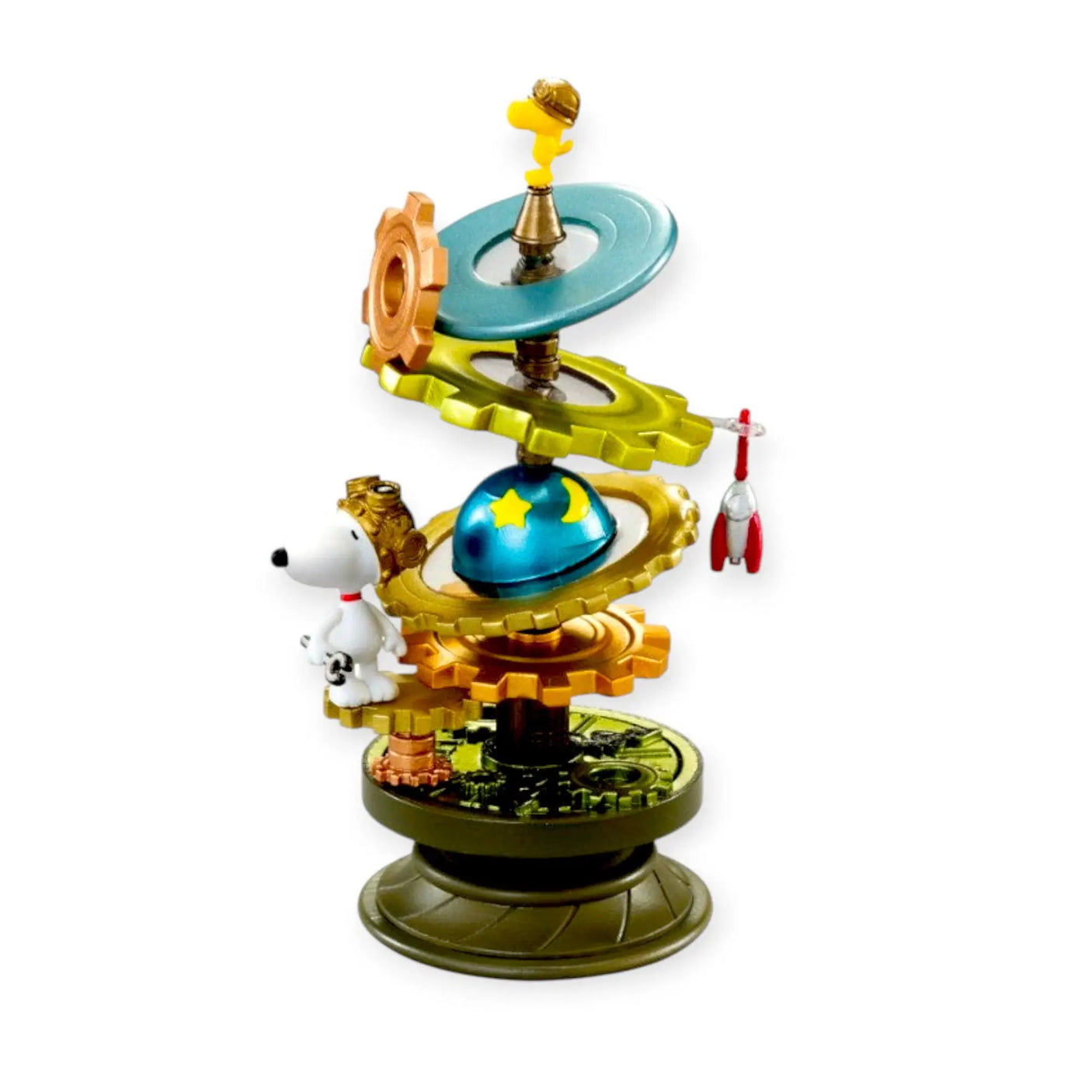 Snoopy spiral diorama figure on a dark circular base with blue dome and golden details