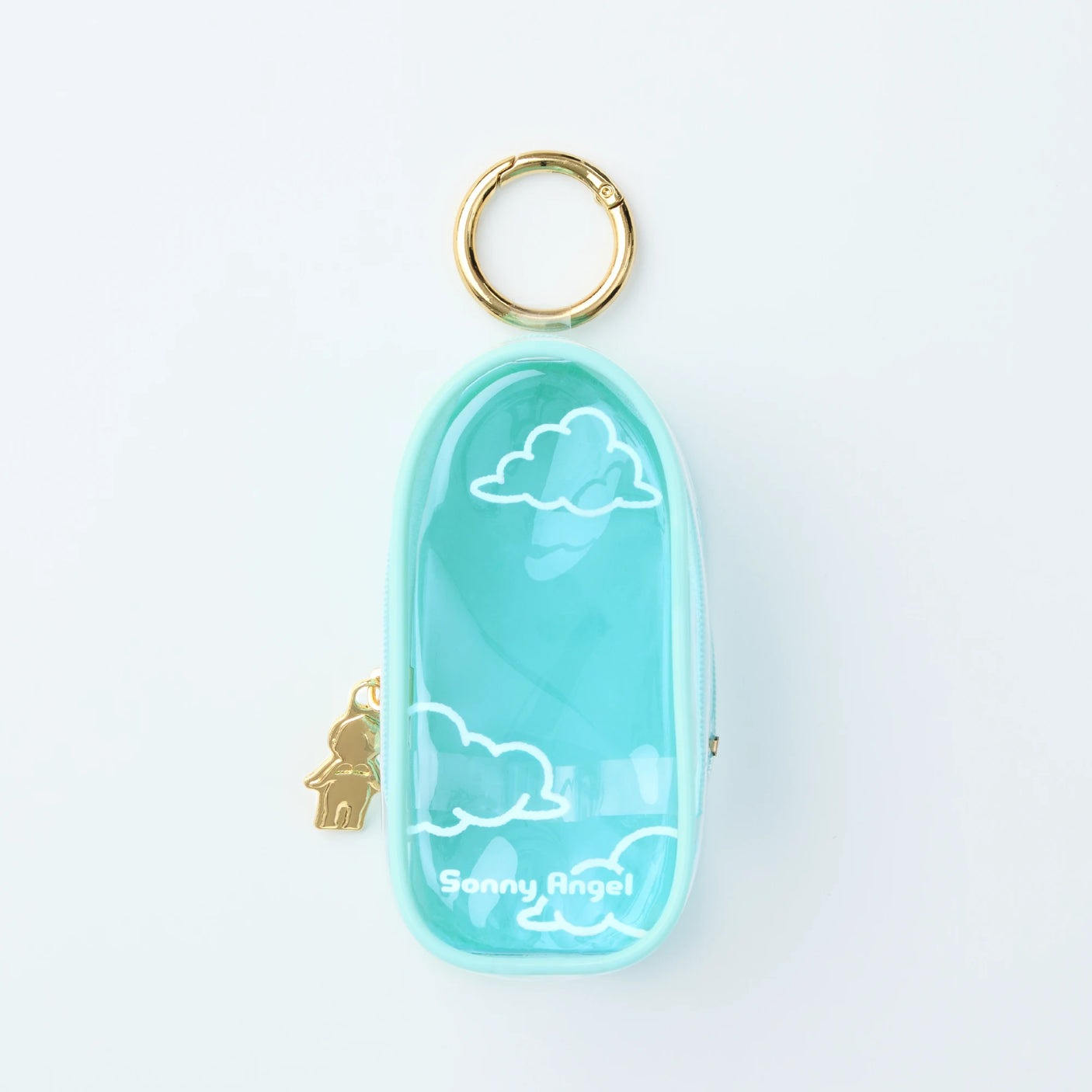 Sky blue Sonny Angel My Bestie Case with white cloud details and gold zipper charm, front view, gallery image one