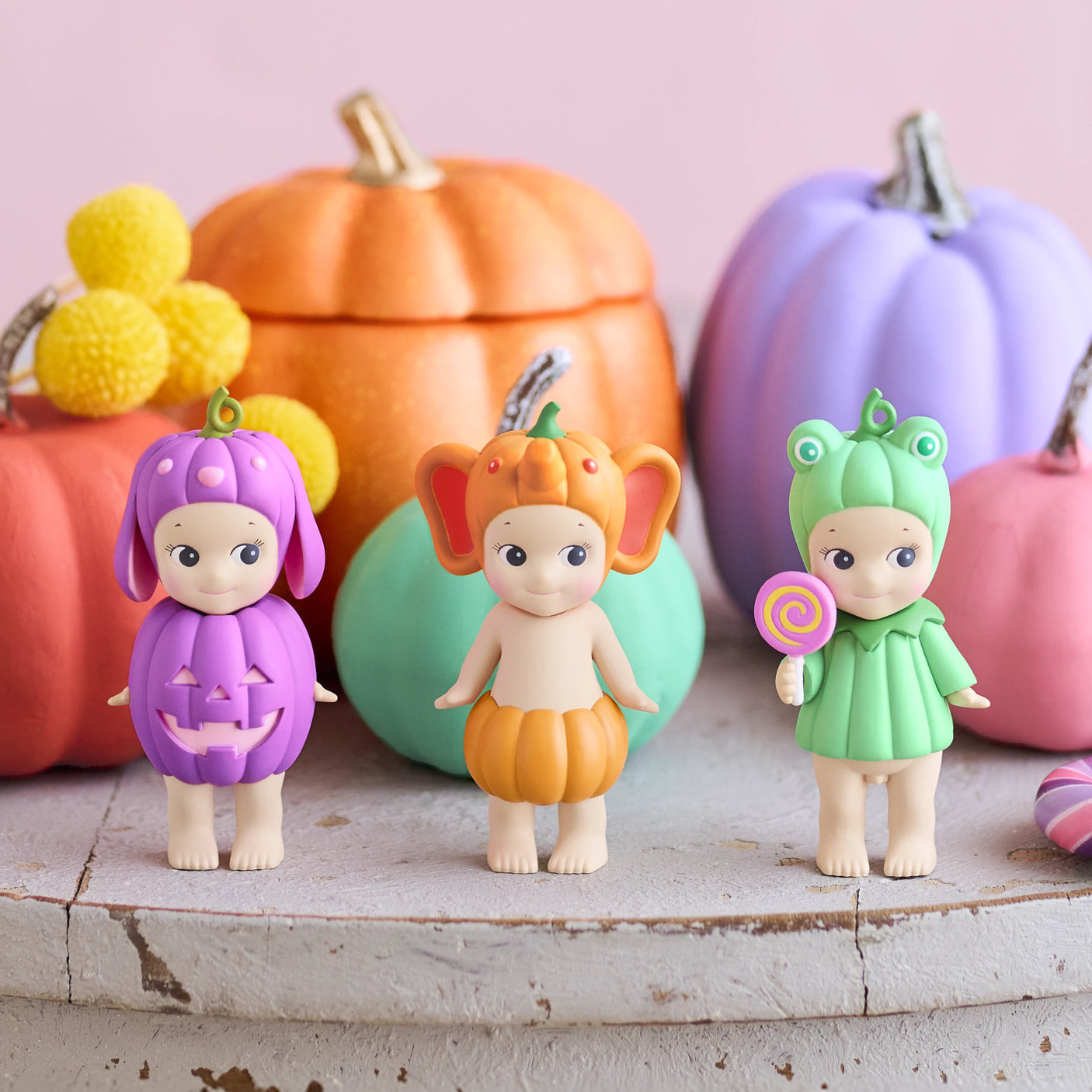 The Sonny Angel Pumpkin Patch - Sealed Set of 6 by Sonny Angel features adorable limited edition figures in fun costumes, displayed on a wooden surface with pumpkins and pom-poms—perfect for blind box collectors.