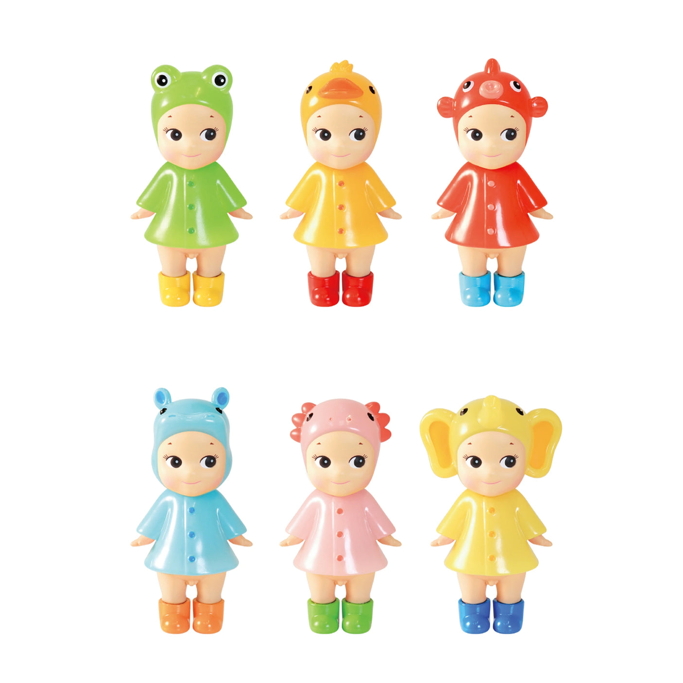 Six Sonny Angel Rainy Day Blind Box - Limited Edition figures by Sonny Angel wear colorful animal-themed hooded raincoats in green, yellow, red, blue, and pink. Displayed in two rows on a white background, this set is perfect for collectors.