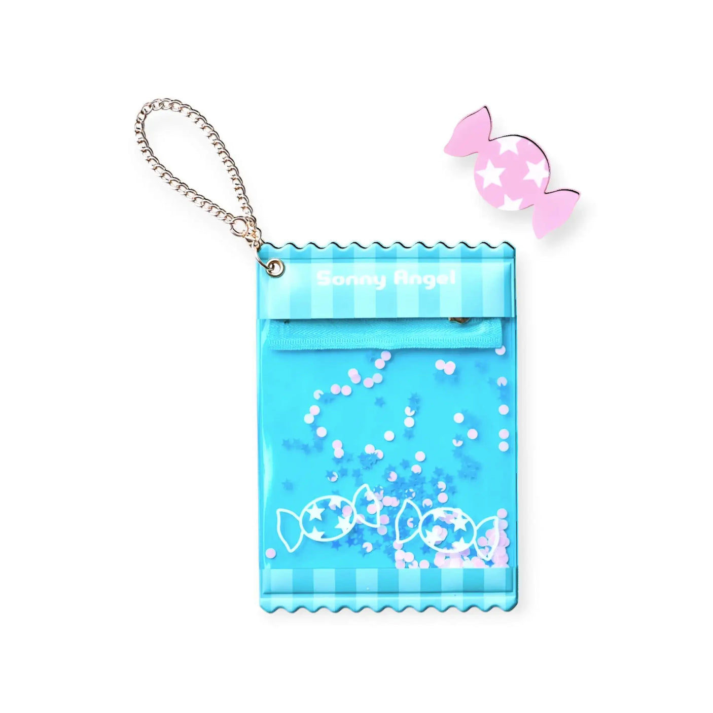 Blue mini candy pouch case with chain and charm, closed with flap