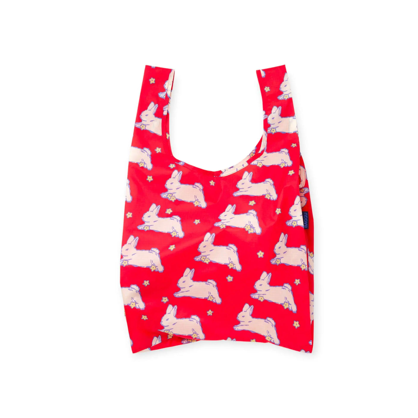 Red reusable tote bag with bunny pattern and short U-shaped handles