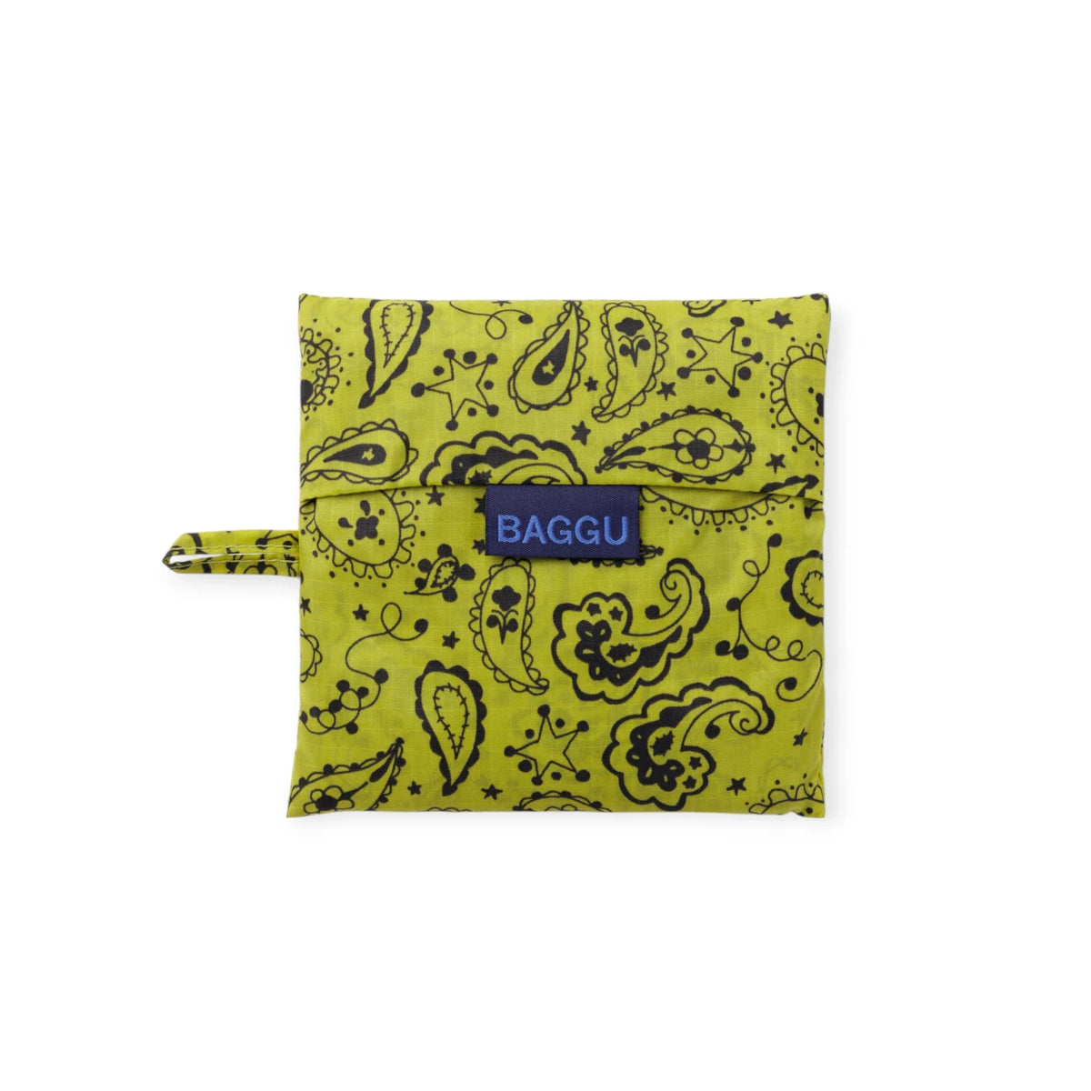 Folded paisley reusable tote bag in chartreuse with BaggU logo label