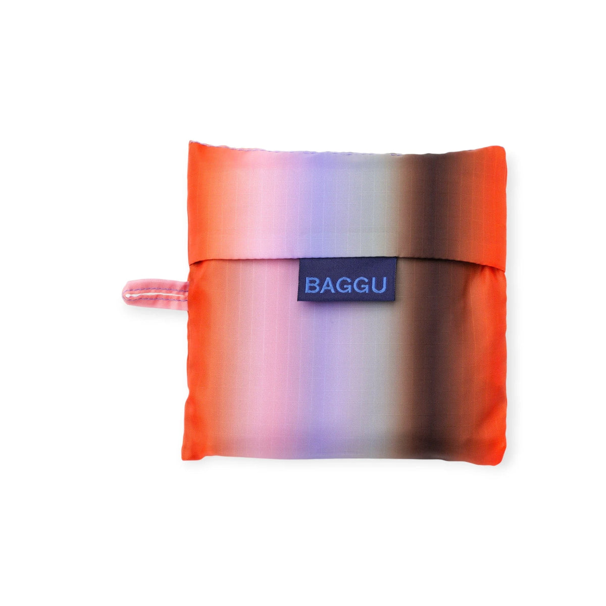 Foldable Baggu tote pouch with orange-lilac gradient and logo patch