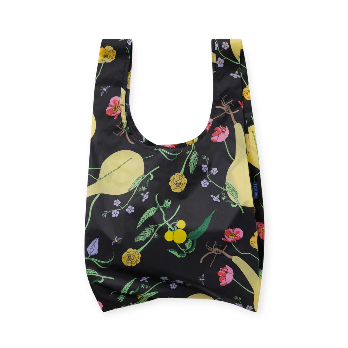 Baggu standard reusable tote bag, dark with colorful floral and leafy print