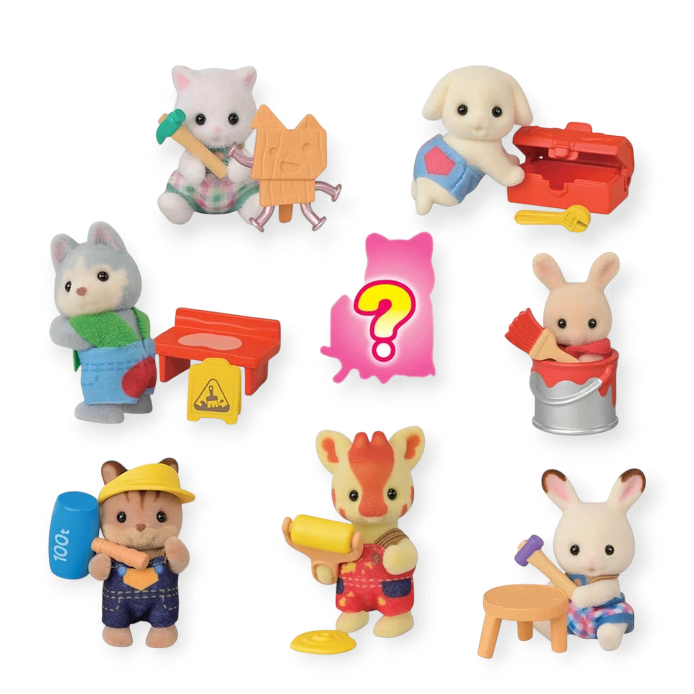 Seven Sylvanian Families babies enjoy builder-themed crafts, with a pink silhouette and question mark hinting at a mystery figure in the Sylvanian Families Blind Bag - Baby Builder collectible series.