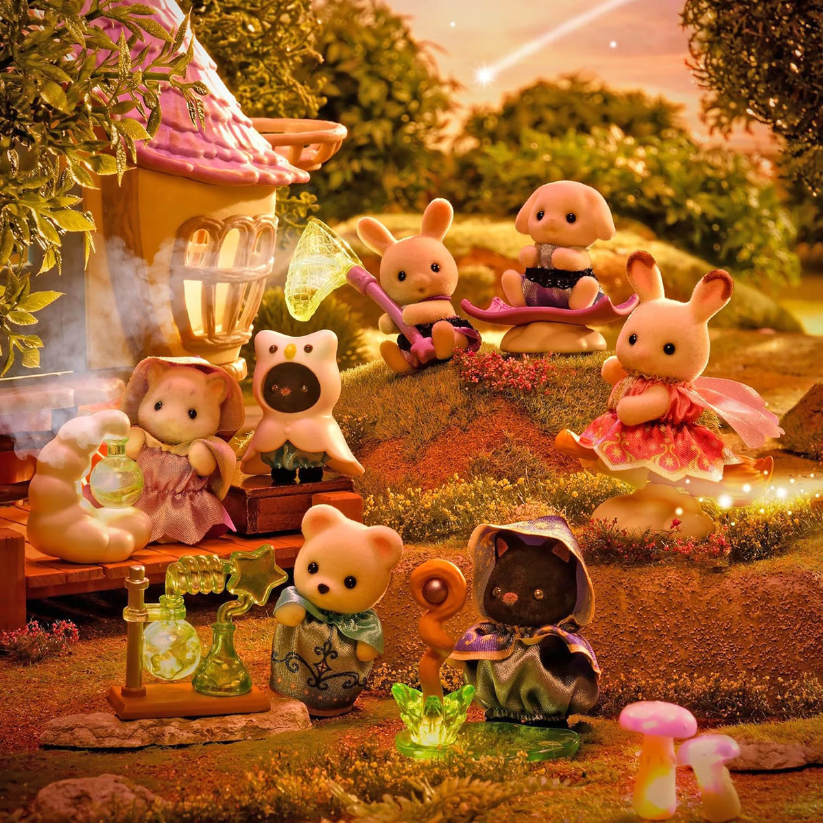 Outdoor scene with multiple animal wizard figures and potion accessories on a path.