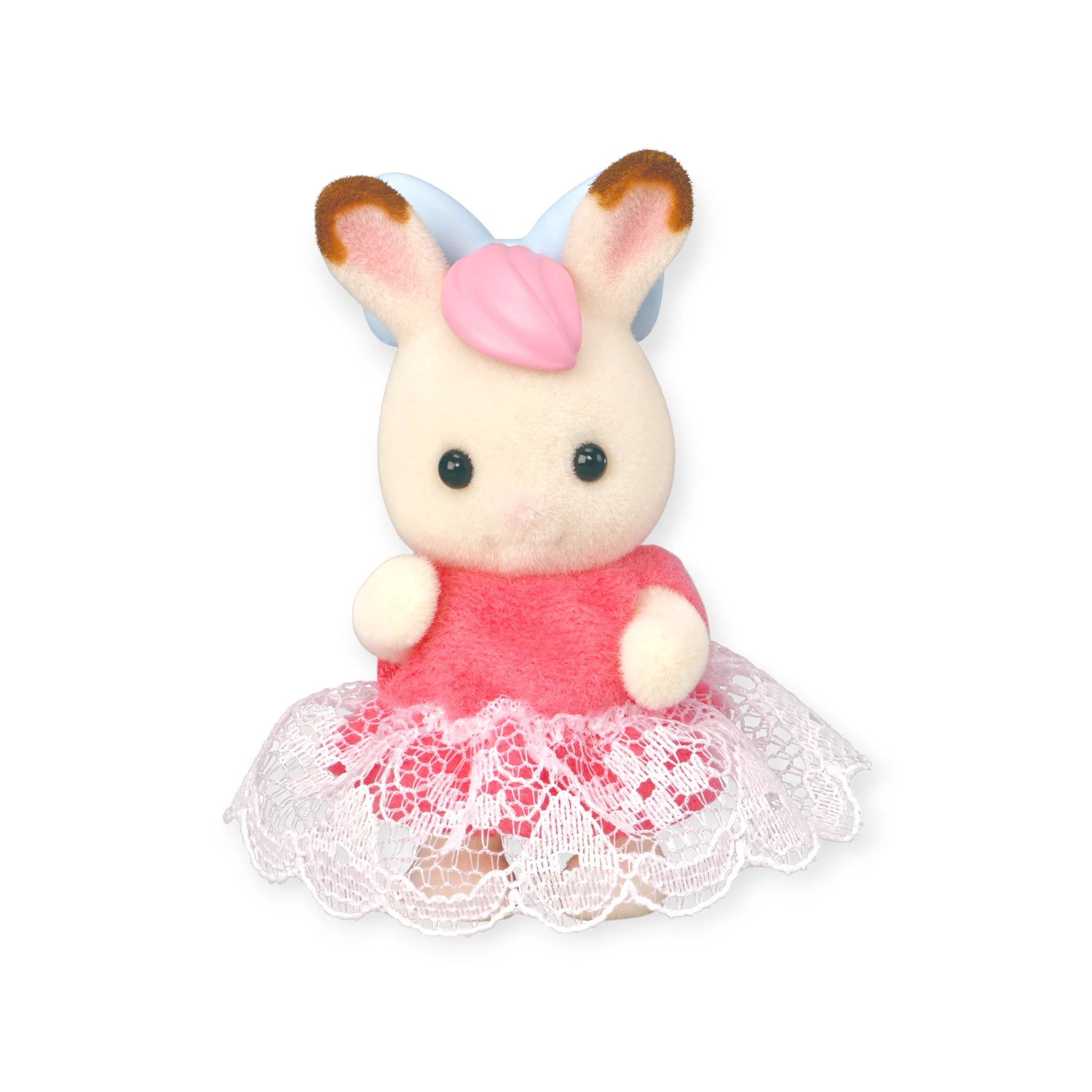 Sylvanian Families Blind Bag - Baby Fun Hair: Features a stuffed rabbit with brown-tipped ears, blue bow, pink dress, and white lace trim, set against a white background. A charming addition to any Sylvanian Families collection.