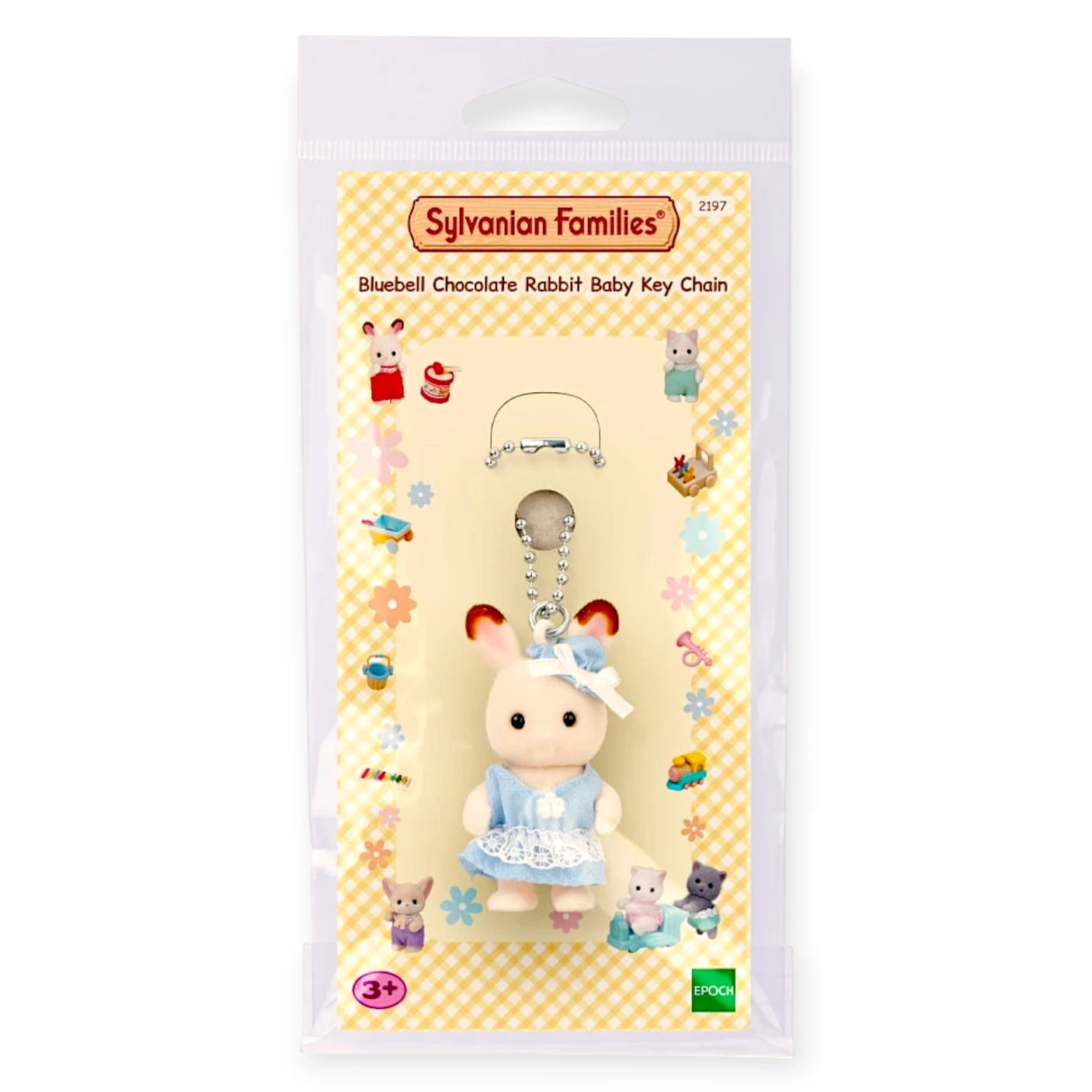 Rabbit baby keychain in package, white plush with blue dress and bow on silver chain