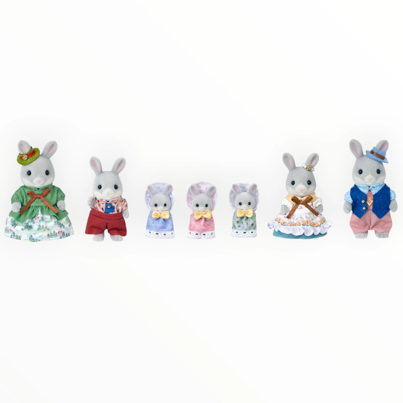 Sylvanian Families - Cottontail Rabbit Family Celebration Set with seven bunny figurines in colorful festive attire by Epoch