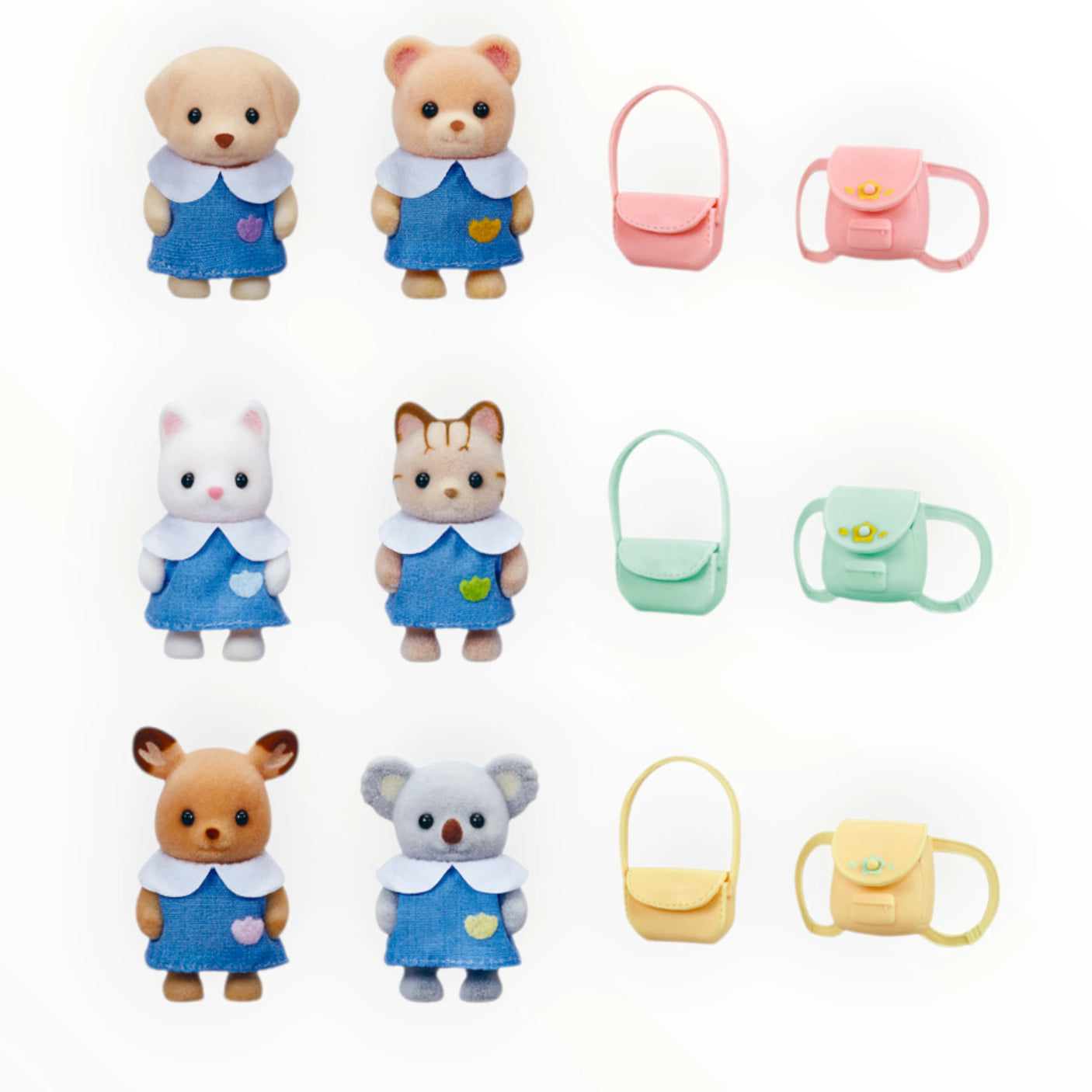 Sylvanian Families - Nursery Playmates with six baby animal figures in blue nursery uniforms and colorful bags on white background