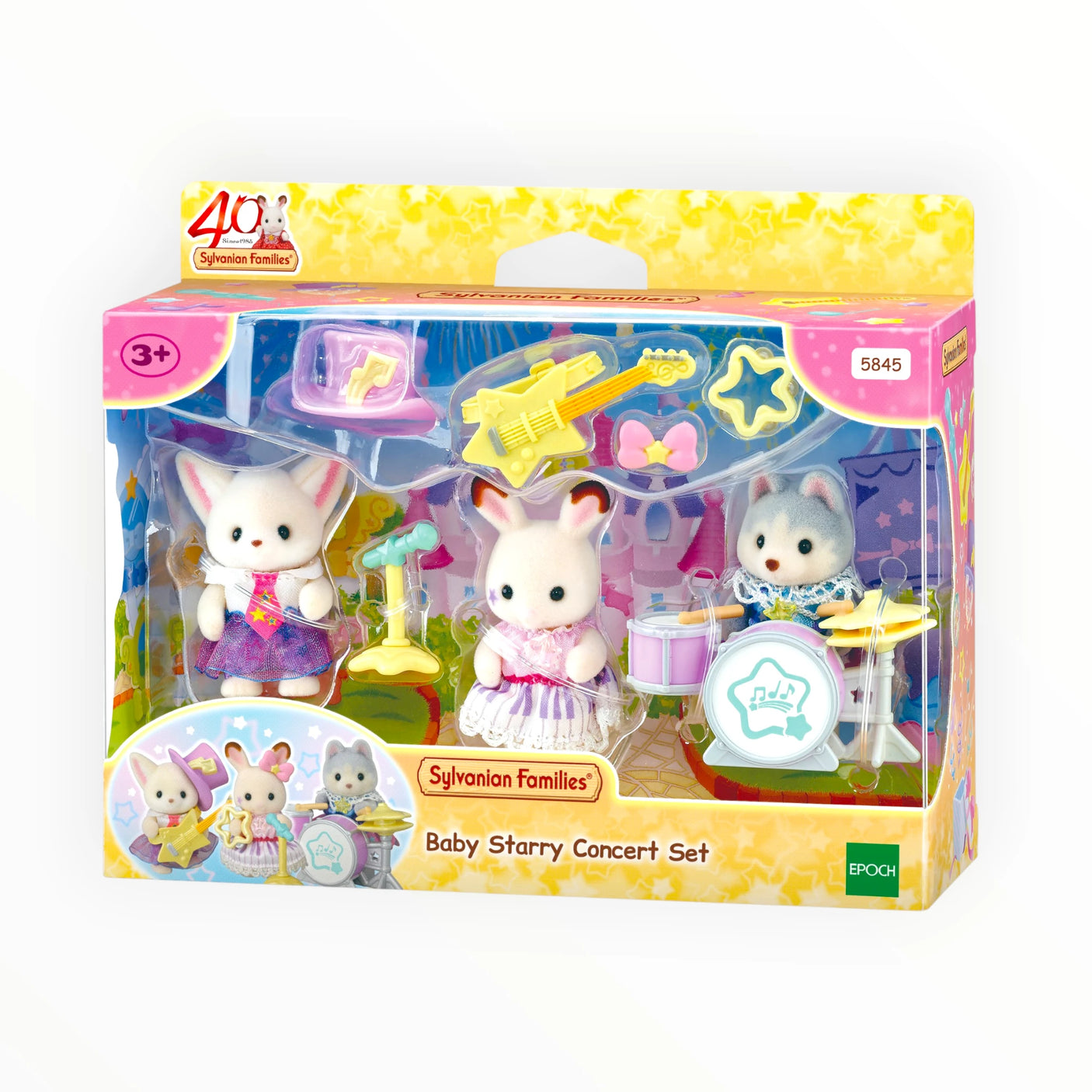 Sylvanian Families - Baby Starry Concert Set with three plush baby characters and colorful musical instruments in packaging