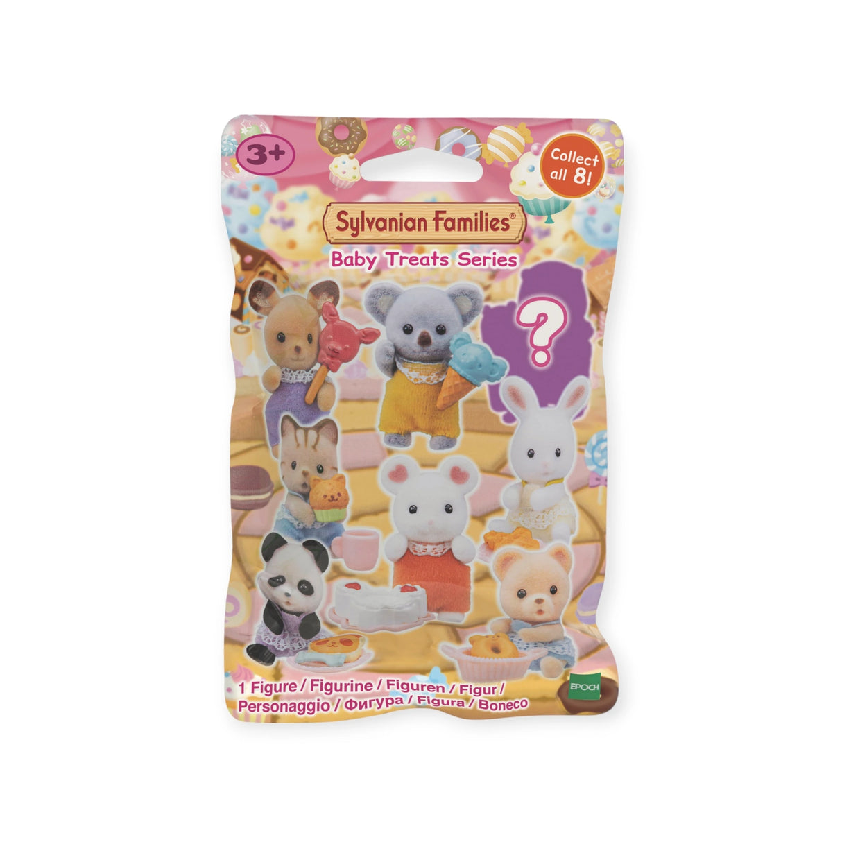 The Toy package "Sylvanian Families Blind Bag - Baby Treats" by Sylvanian Families features cute animal figurines with a question mark, teasing the surprise inside each collectible.