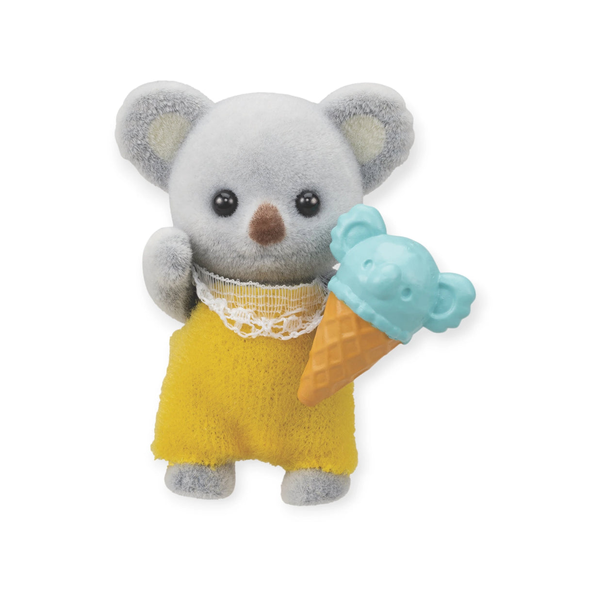 This Sylvanian Families Blind Bag - Baby Treats koala plush, dressed in a yellow outfit with a lace bib and holding an ice cream topped with a koala scoop, is a charming surprise reminiscent of the beloved series.