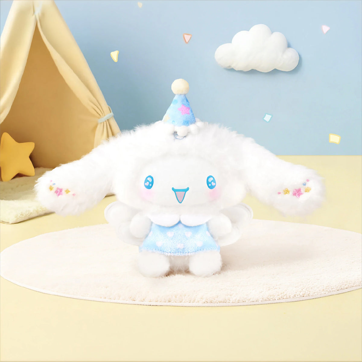 White cloud-like plush pendant with blue heart face and light blue dress