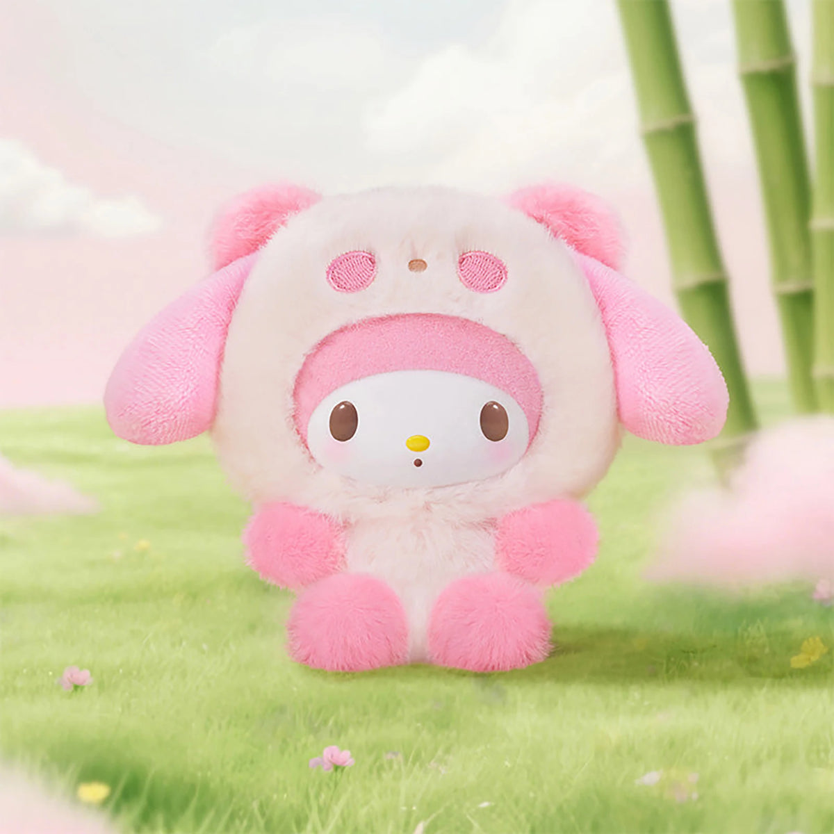Pink panda plush pendant with cute face and clip loop, soft stuffed toy.
