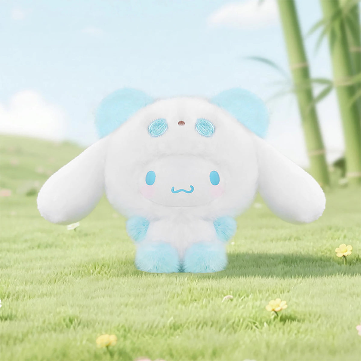 White and light blue panda plush pendant with smiling face, soft stuffed toy.