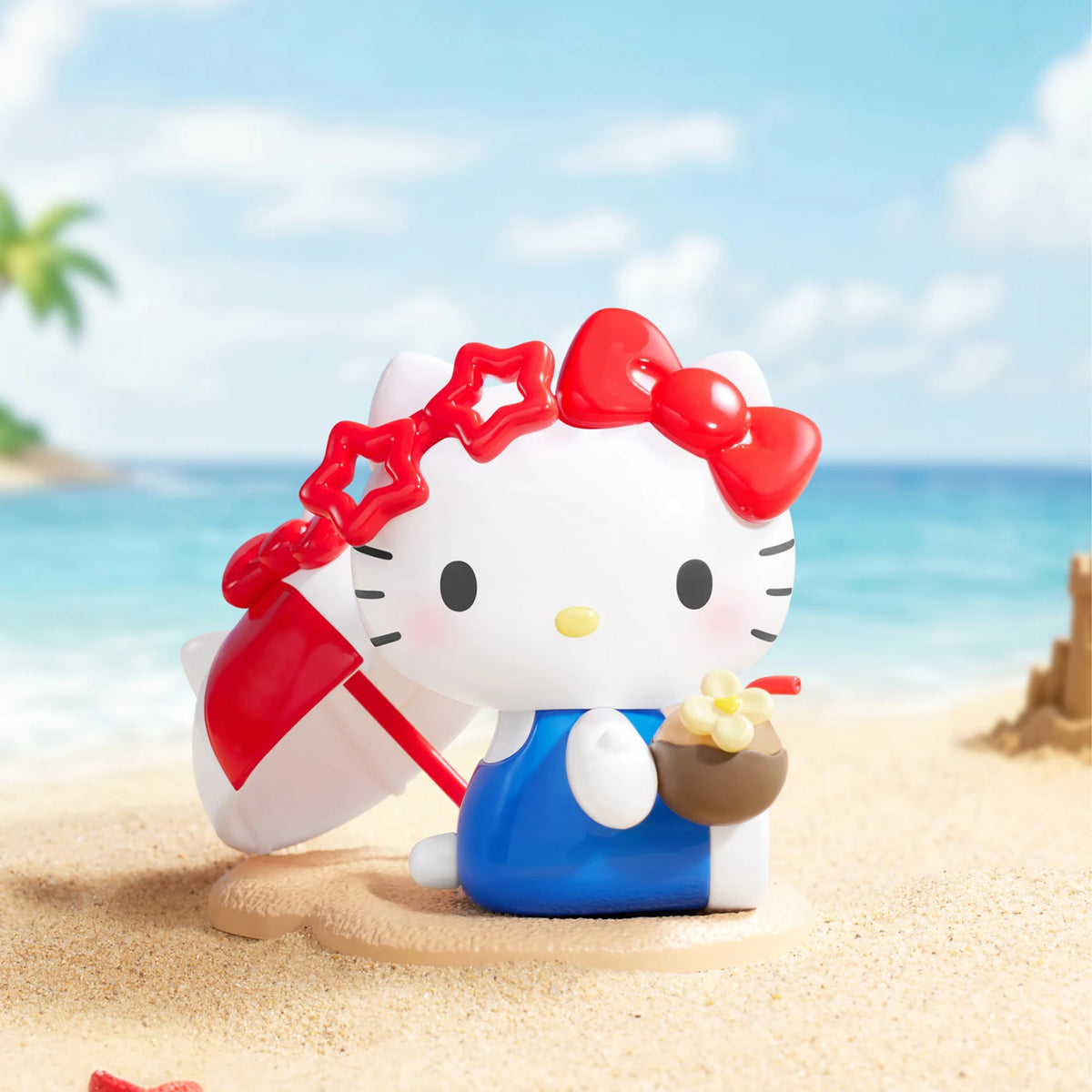 Hello Kitty summer beach blind box figure with red bow and blue shorts holding seashell