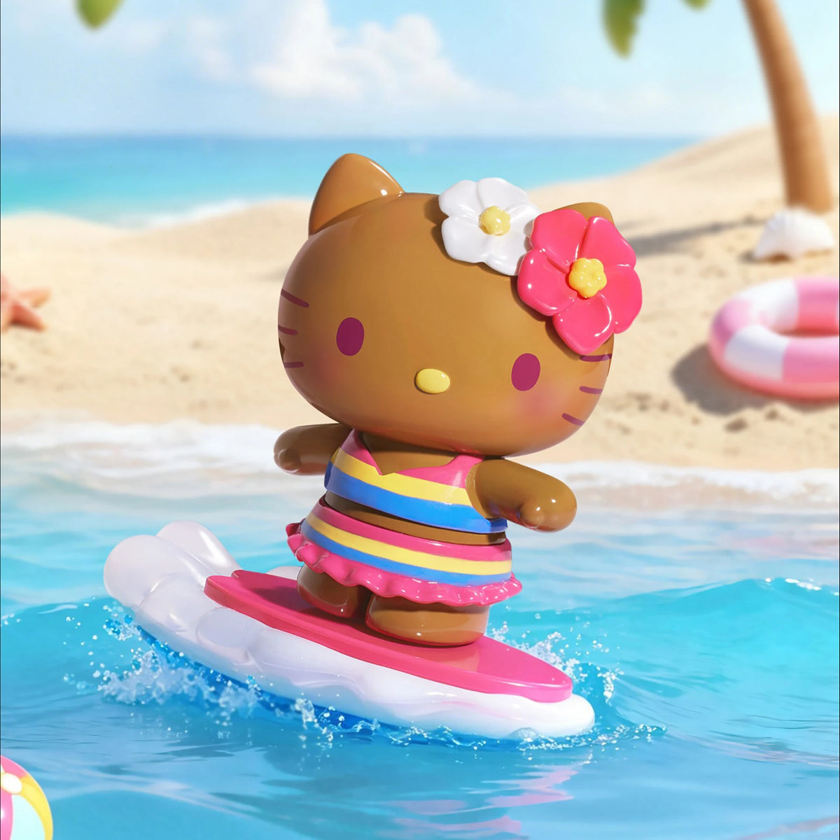 Hello Kitty summer beach blind box figure surfing on a pink surfboard