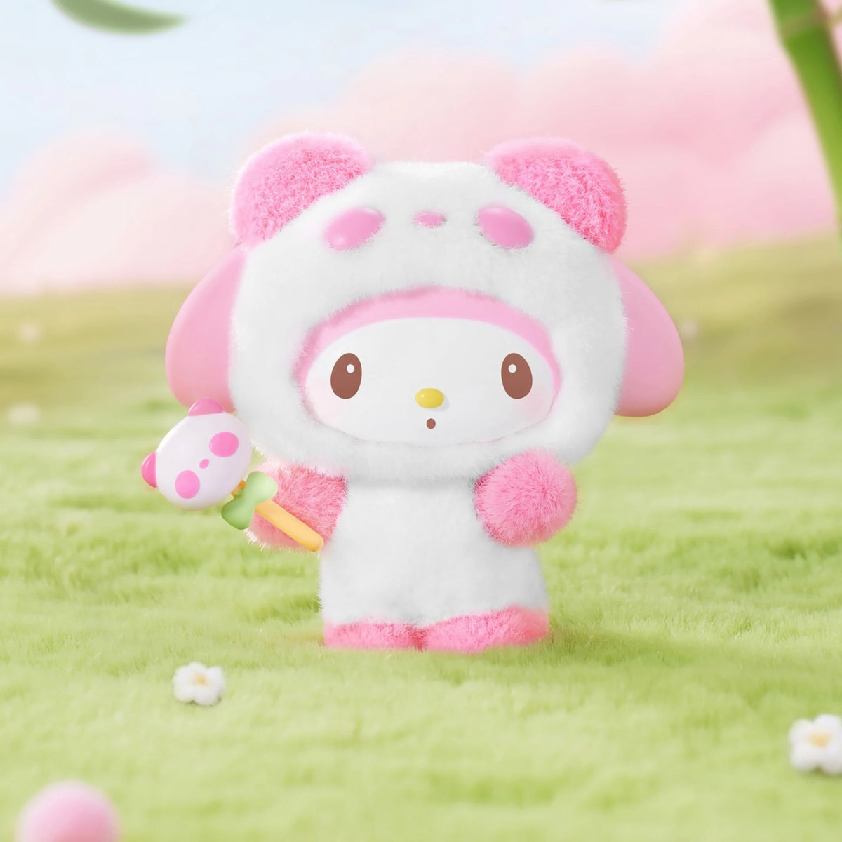 Flocked panda blind box figure with pink ears and heart face, holding a carrot-like prop