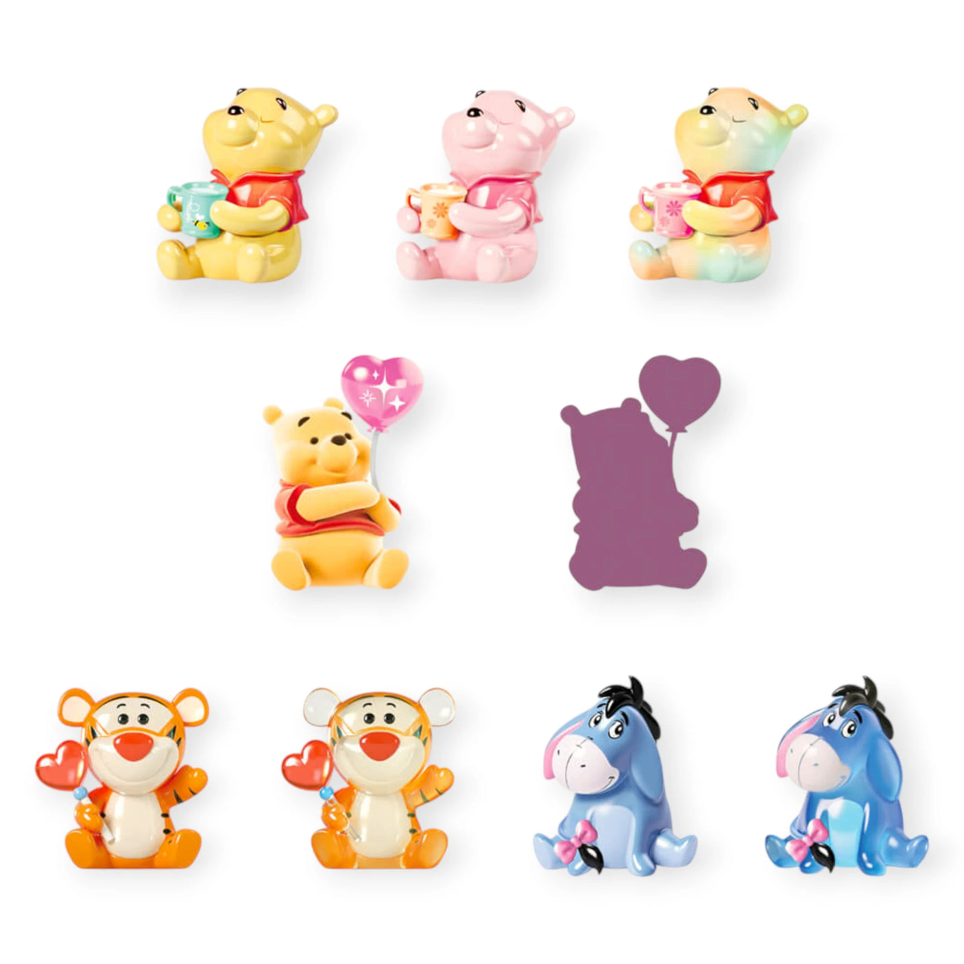 Assorted mini figurines: Pooh, Piglet, and Tigger poses, plus two other characters