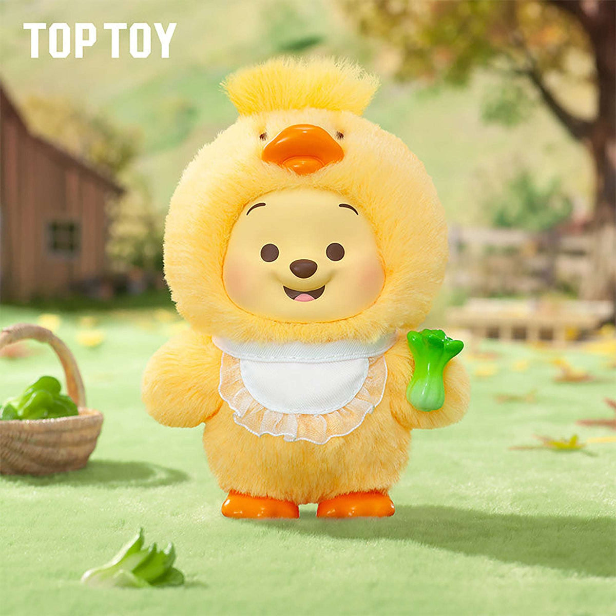 Yellow plush Winnie the Pooh chick costume figure with green vegetables