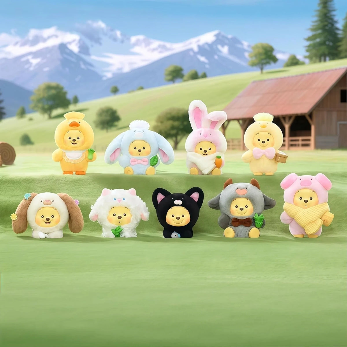 Group of Happy Farm series Pooh plush blind box figures in animal outfits
