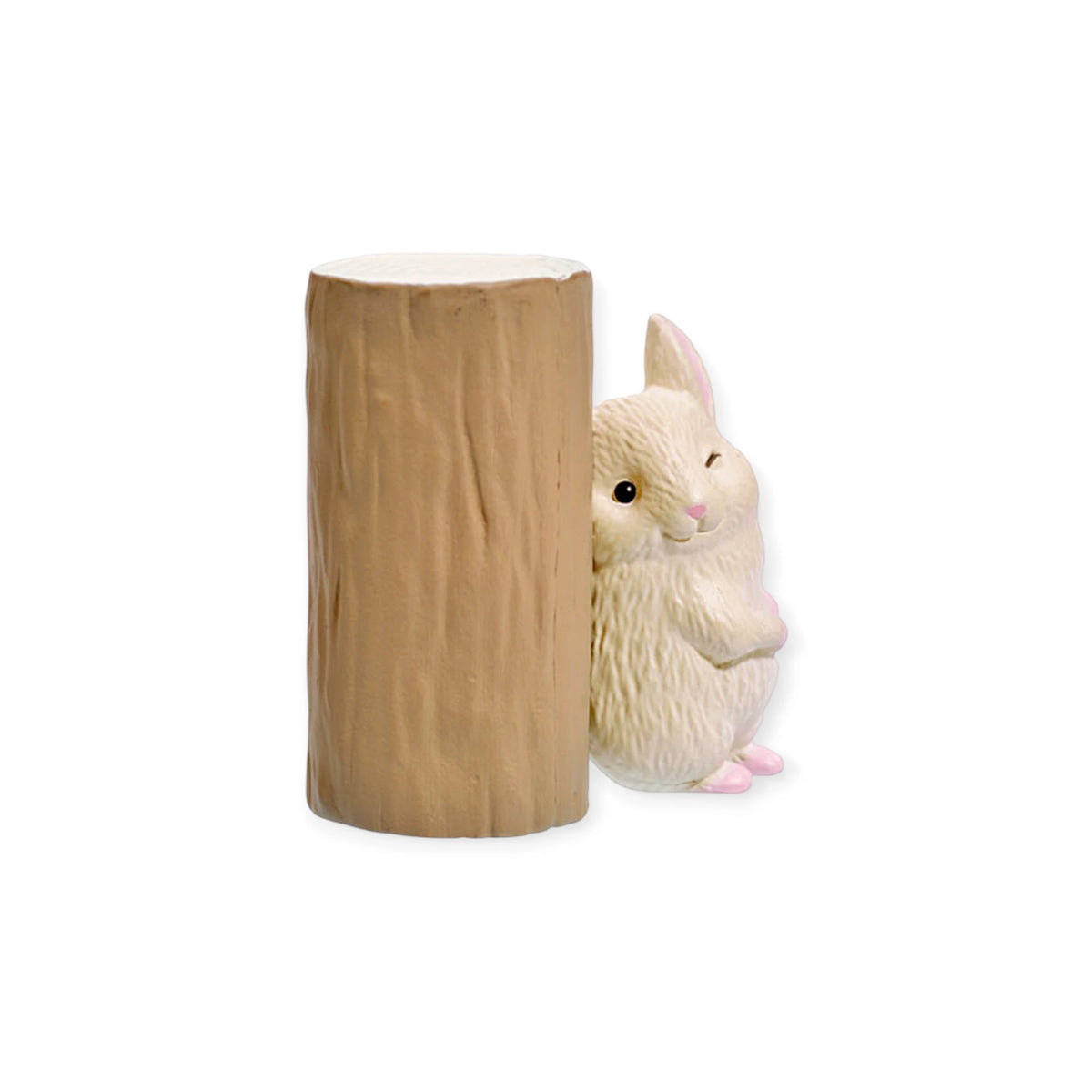 Chinchilla Hide & Seek blind box figure: white rabbit peeking from light wood stump